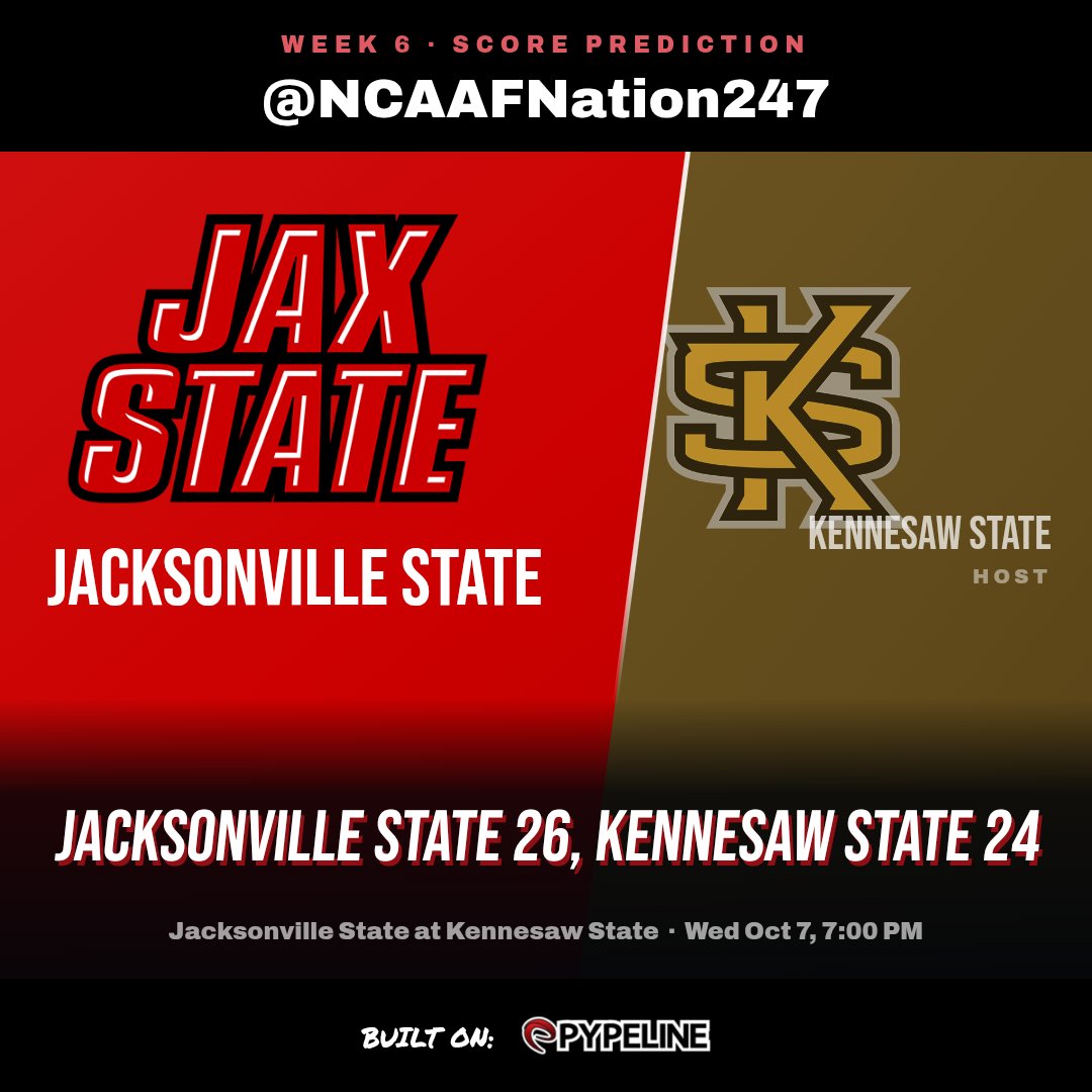 NCAAFNation247's tweet photo. Week 6 Prediction

Jacksonville State 26
Kennesaw State 24 https://t.co/0qayUmXPDh
