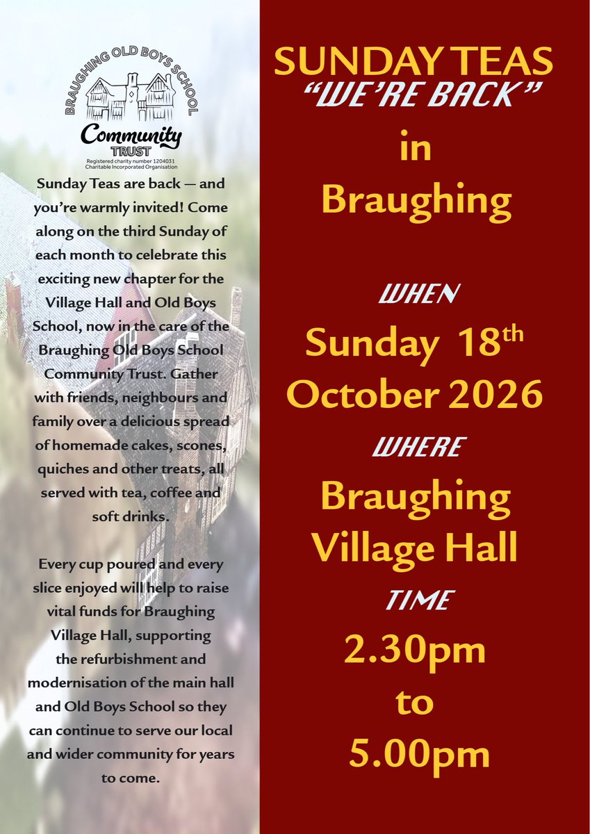 braughinghall's tweet photo. A powerful month for Braughing Village Hall.  Relaunching the famous Braughing Sunday Teas. Every slice and cup enjoyed supports the refurbishment of our much loved community halls. Thank you all for your support. https://t.co/3ksYgcytpA