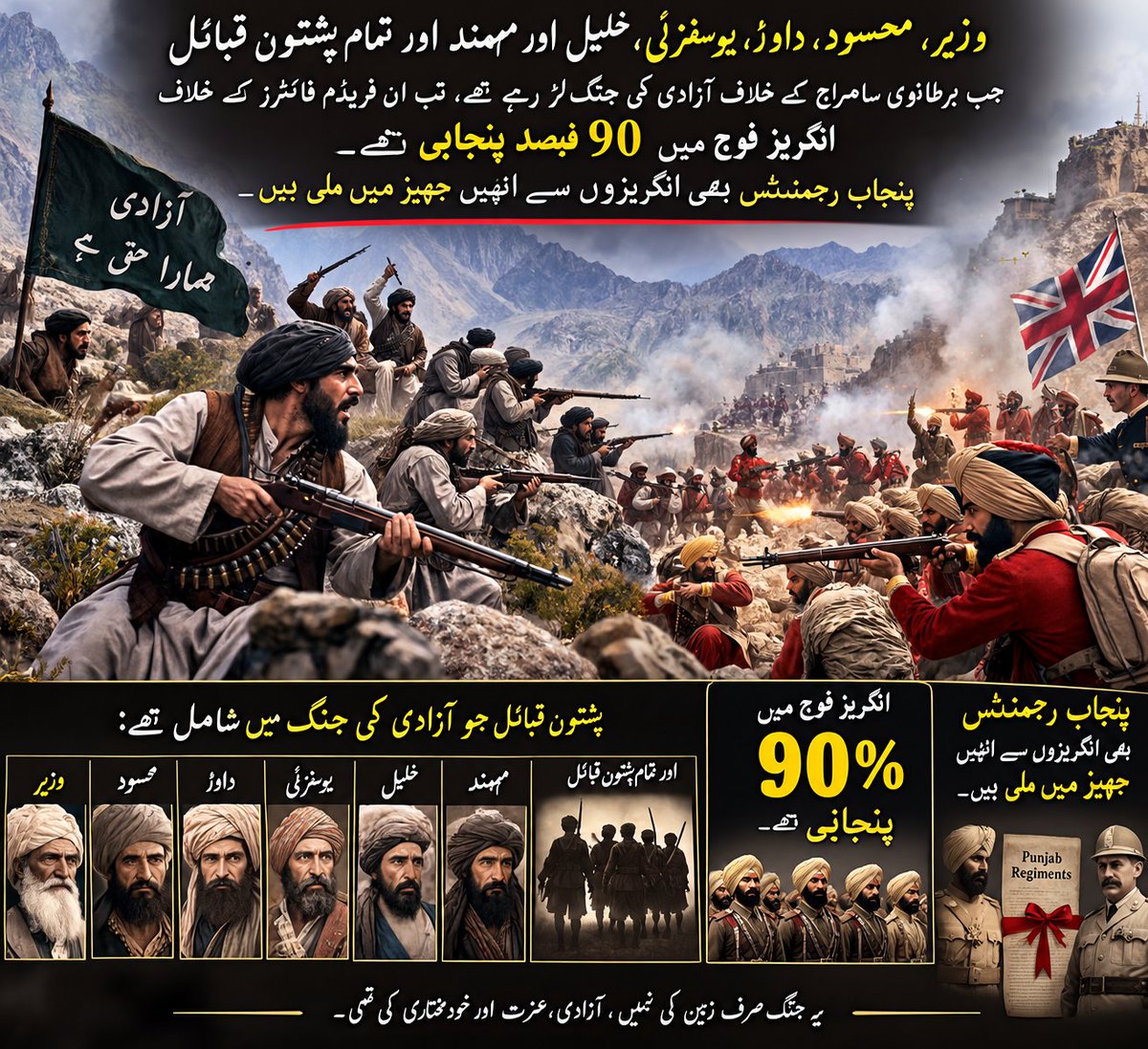 Alikhan18315's tweet photo. وزیر، محسود، داوڑ، یوسفزئی، خلیل اور مهمند اور تمام پشتون قبائل جب برطانوی سامراج کے خلاف آزادی کی جنگ لڑ رہے تھے، تب ان فریڈم فائٹرز کے خلاف انگریز فوج میں 90 فیصد پنجابی تھے۔ پنجاب رجمنٹس بھی انگریزوں سے انہیں جہیز میں ملی ہیں  
@umerpashtoon https://t.co/4Cny01N5LB