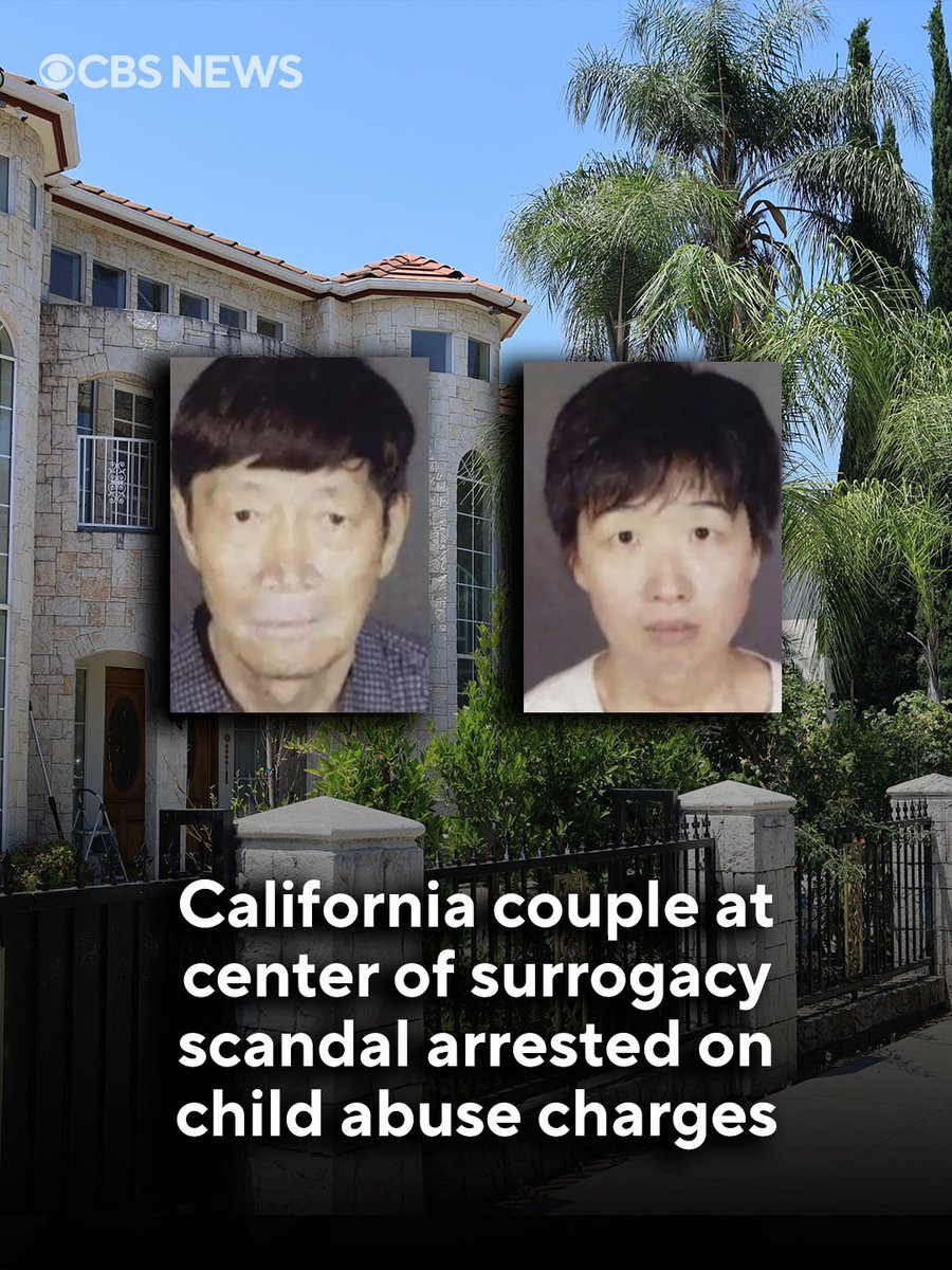 CBSNews's tweet photo. A California couple at the center of a surrogacy scandal has been arrested months after authorities removed 21 children, most born through surrogacy, from their mansion.

Guojun Xuan and Silvia Zhang face multiple charges, including conspiracy to commit child abuse and dissuading a witness. Los Angeles County District Attorney Nathan Hochman called the allegations “incredibly disturbing,” saying they involve beatings and other alleged abuse. Both pleaded not guilty and are being held on $20 million bond each.

Read more: https://t.co/GGH850pP0b
