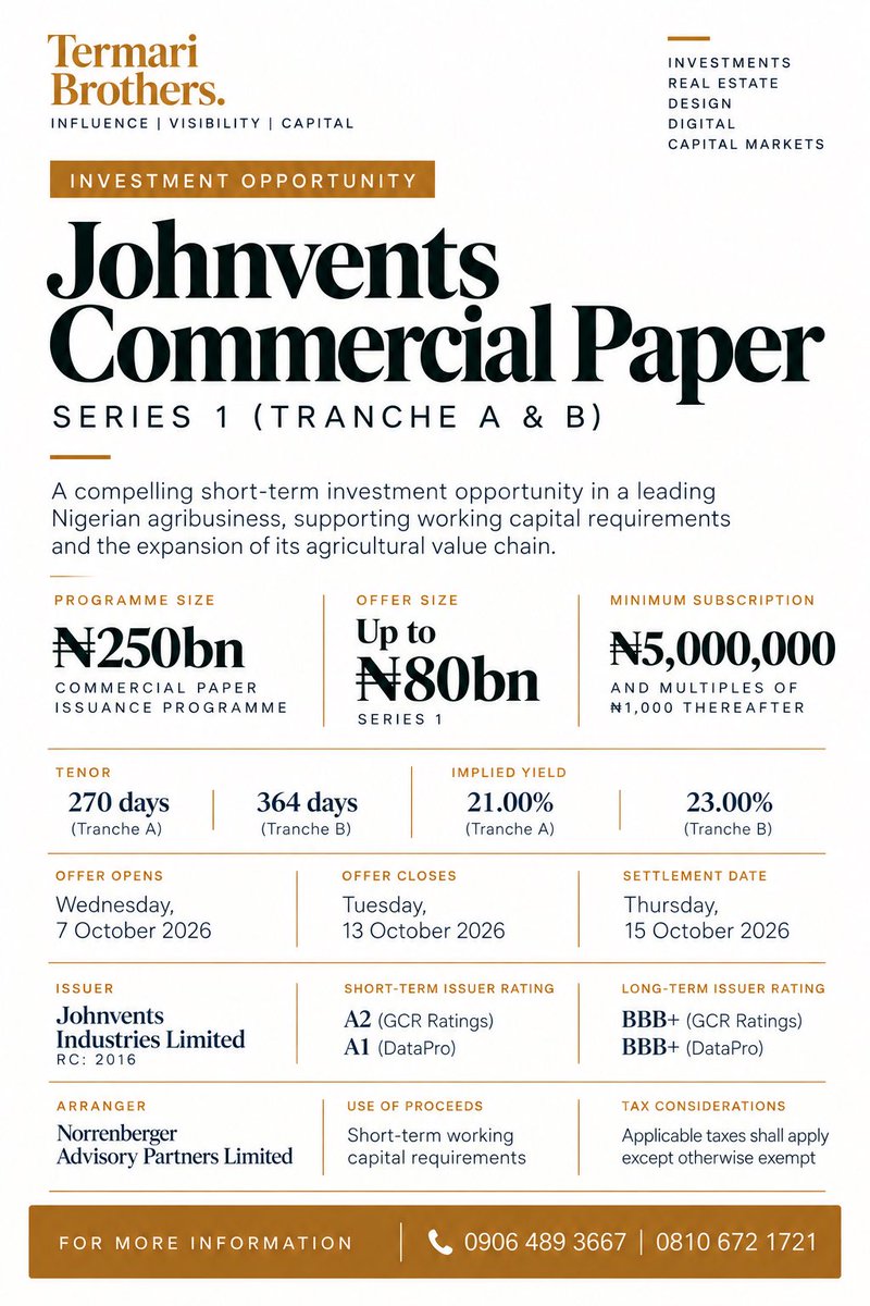 TermariBrothers's tweet photo. Johnvents Industries Limited has opened its Series 1 Commercial Paper Offer, with Tranche A offering a 270-day tenor at 21% implied yield and Tranche B offering a 364-day tenor at 23% implied yield.

With a minimum subscription of ₦5 million, r #Johnvents #InvestingInNigeria https://t.co/x9h8ZGC2W8