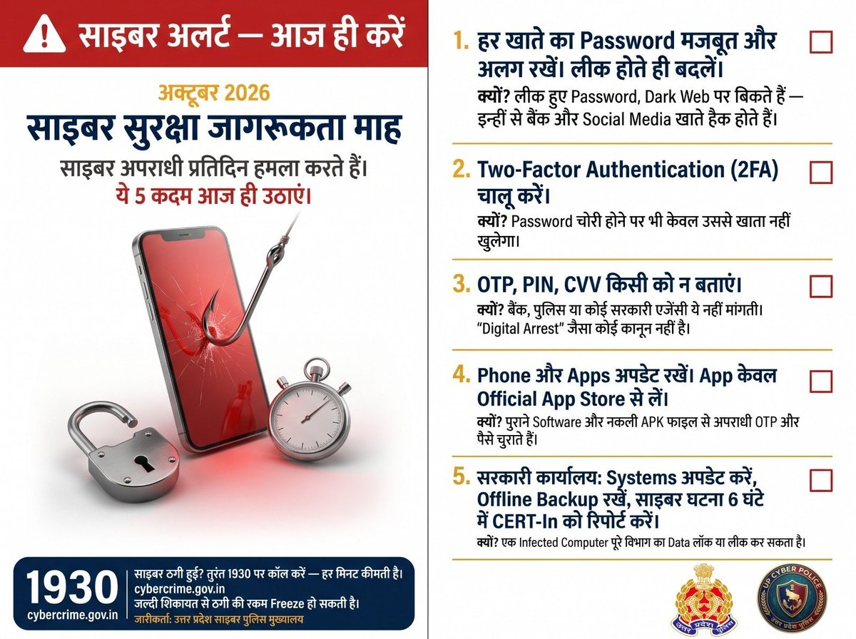 digazamgarh's tweet photo. National Cybersecurity Awareness Month 2026

आज ही 👇
🔑 Password बदलें
🔐 2FA ON करें
📲 Phone update करें, Unknown Apps बंद करें

साइबर अपराधियों का काम आसान मत बनाइए।
ठगी हो तो 📞 1930

#NCSAM2026 #UPCyberpolice
@cyberpolice_up https://t.co/g6qK50tIt4