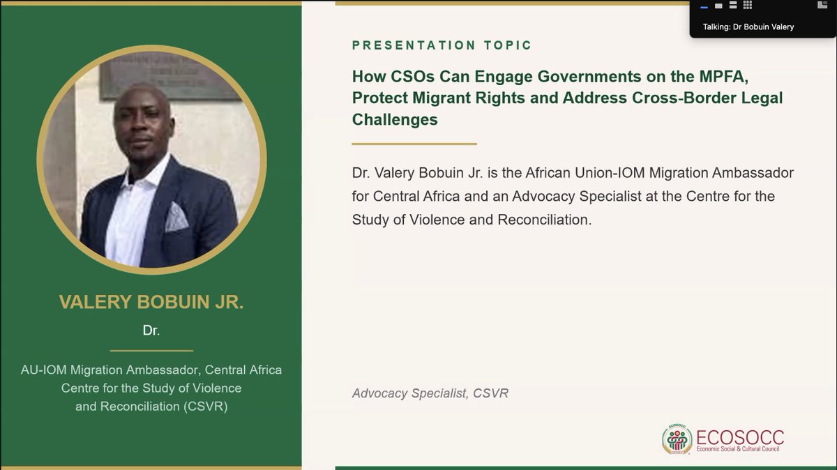 AU_ECOSOCC's tweet photo. Dr. @Le_grin_grin (@_AfricanUnion – @IOMatAU Migration Ambassador for Central Africa and Advocacy Specialist at the @_CSVR) stressed that protecting migrants’ rights requires more than stating that migrants do not lose their rights when they cross a border. 

It requires mechanisms that can protect those #rights across jurisdictions. He highlighted challenges such as migrant workers losing access to social security contributions and savings after deportation, trafficking cases becoming difficult to address when jurisdictions and authorities fail to coordinate, and gaps in protection when migrants move between countries.

He called on #civilsociety to link legal aid providers across countries of origin, transit and destination, make greater use of binding legal instruments and human rights mechanisms, and pursue the regionalization of #justice through regional courts and institutions.

He also urged African states to protect their citizens beyond their own borders, including through stronger consular protection, so that migrants can receive protection and assistance wherever they are.

📍CSO Town Hall on Migration Governance in Africa

#Migration #MigrationGovernance #MigrationInAfrica #FreeMovement #Agenda2063 #LaborMigration #HumanRights