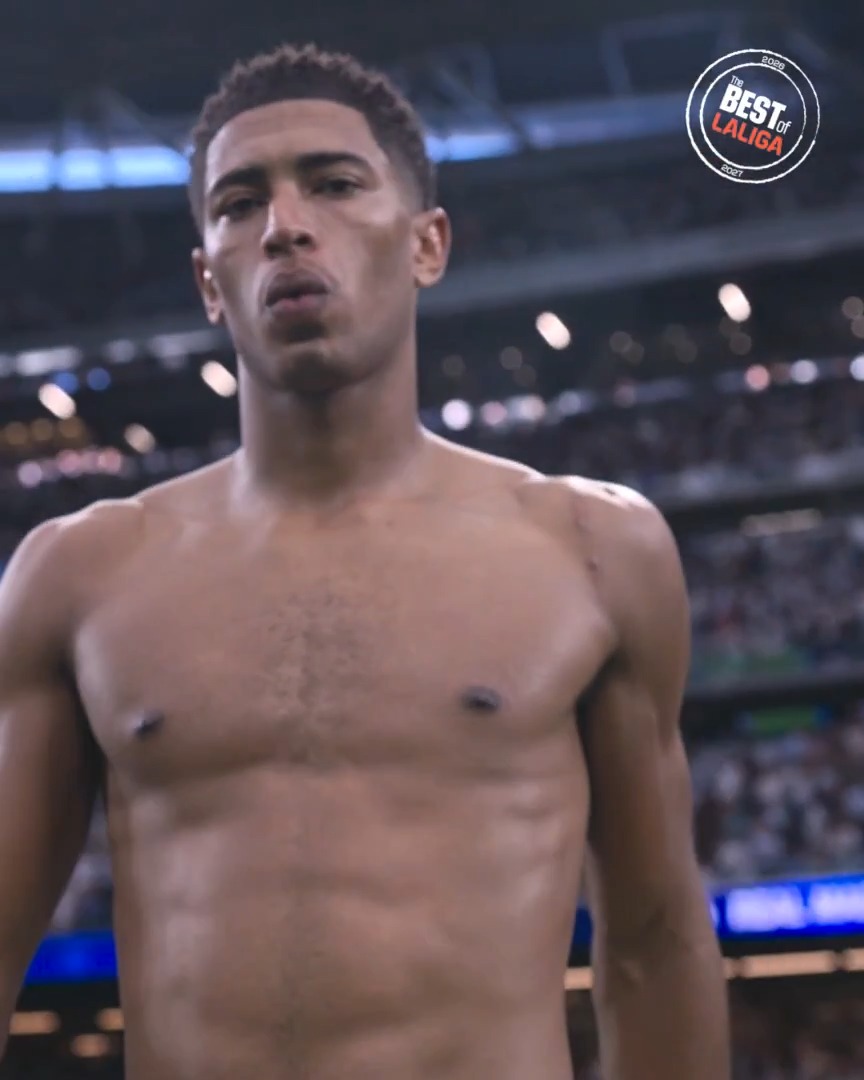 A shirtless Jude Bellingham (@BellinghamJude) stands in a stadium, with a "The Best of LALIGA 2023" logo in the top right corner, appearing as a highlight from his performances with Real Madrid.