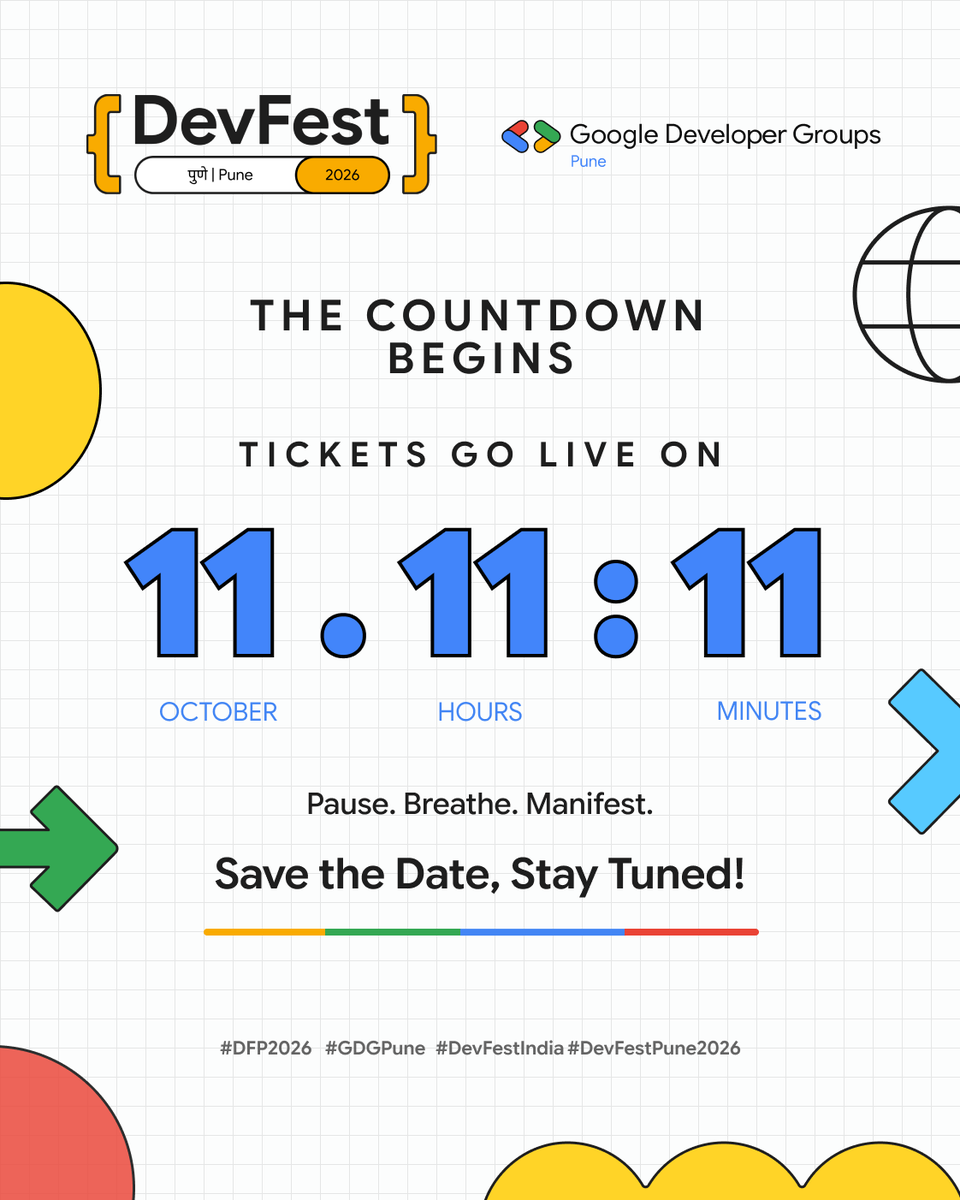 GDGPune's tweet photo. ✨ It’s 11:11. You know what to wish for. 👀
A ticket to DevFest Pune 2026, obviously. 🎟️
🗓️ 11.11 — Tickets go LIVE
📅 Dec 13, 2026
📍 JW Marriott Hotel Pune
Make a wish. Make it DevFest. ✨
#DevFest2026 #GDGPune #DevFestPune https://t.co/ub9J15roZo