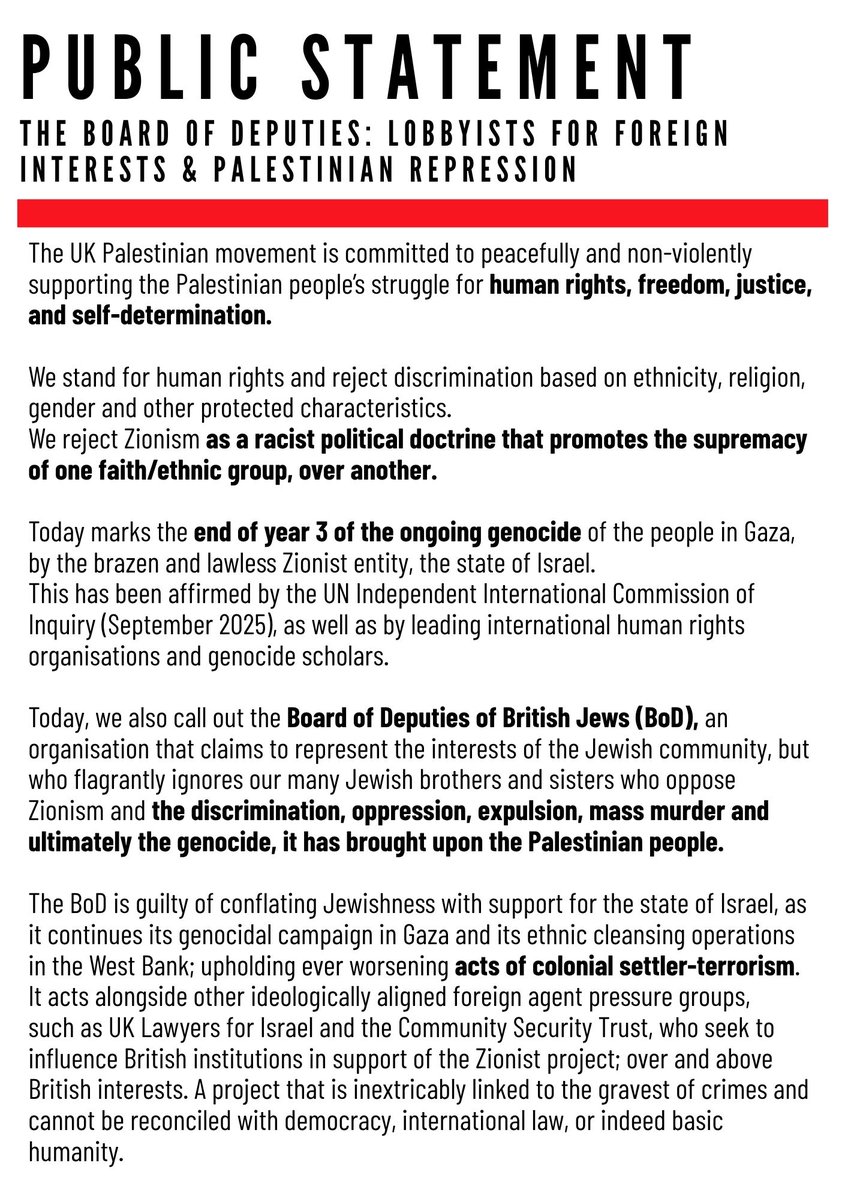 Pal_Pulse1's tweet photo. October 7 marks 3 yrs of ongoing genocide by Israel.
Today we publicly call out the Board of Deputies of British Jews (BoD) - a UK organisation who have been instrumental in influencing UK institutions in support of the Zionist project, Israel.#CapturedState  #BoardOfZionism https://t.co/eWuPz5YXsj