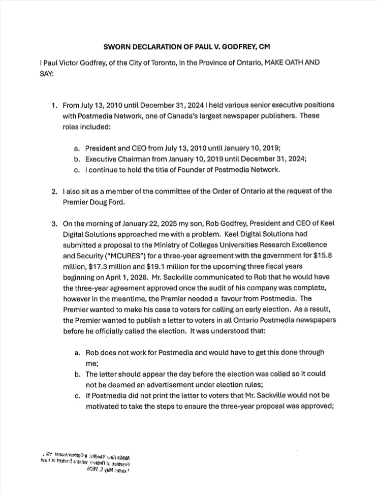 CharliePinkerto's tweet photo. ICYMI: Paul Godfrey alleged Premier Ford's office exerted "political leverage" over his son's company by promising it government funding while also seeking a favour from Postmedia, which the elder Godfrey used to run. 

Godfrey's full sworn declaration is here &amp; @Thetrilliumca. https://t.co/5oGfOyeBsH