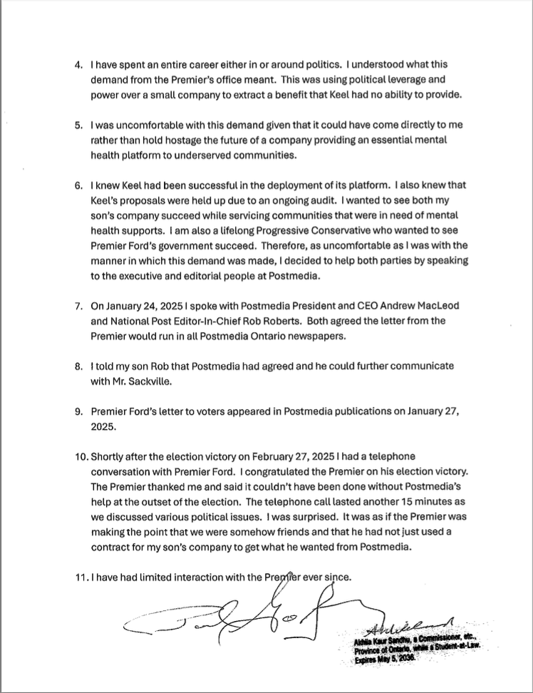 CharliePinkerto's tweet photo. ICYMI: Paul Godfrey alleged Premier Ford's office exerted "political leverage" over his son's company by promising it government funding while also seeking a favour from Postmedia, which the elder Godfrey used to run. 

Godfrey's full sworn declaration is here &amp; @Thetrilliumca. https://t.co/5oGfOyeBsH