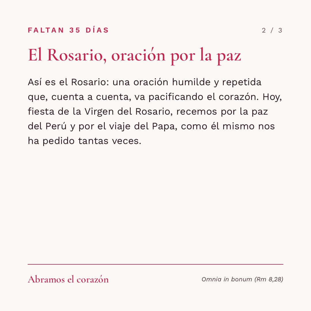 PadreLGaspar's tweet photo. Miércoles 07 de octubre- Faltan 35 días.
Papa Leon XIV vuelve a casa 🇵🇪

«Al mal se le grita “basta”, a la paz se le susurra “para siempre”». León XIV. Hoy, la Virgen del Rosario. 

#ConSantoToribioyLeonXIV #AbramosElCorazón https://t.co/ls3pq5zIao