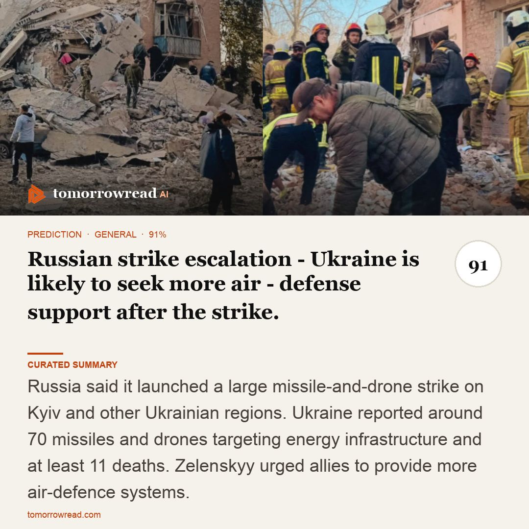 tomorrowread's tweet photo. Three years after Oct. 7, Israel and Gaza remain shaped by a widening regional war. Russia says a strike hit Kyiv; at least 11 dead. A drone strike sinks a Black Sea cargo ship.

https://t.co/ixzxh9KHch

#TomorrowRead #AI #WorldNews #Foresight #News https://t.co/hvjZErNAAS