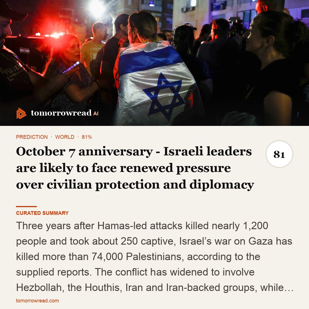 tomorrowread's tweet photo. Three years after Oct. 7, Israel and Gaza remain shaped by a widening regional war. Russia says a strike hit Kyiv; at least 11 dead. A drone strike sinks a Black Sea cargo ship.

https://t.co/ixzxh9KHch

#TomorrowRead #AI #WorldNews #Foresight #News https://t.co/hvjZErNAAS