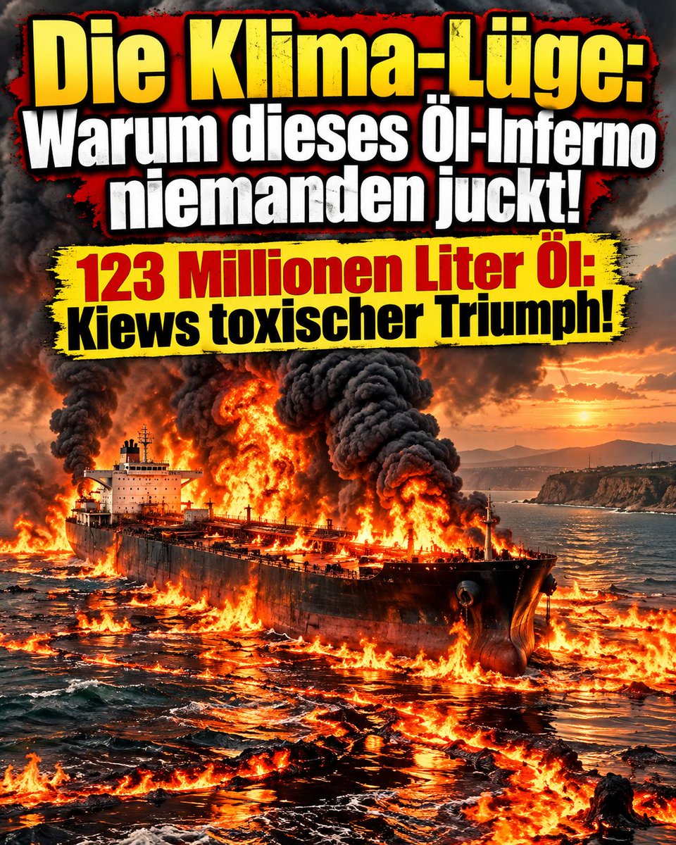 Bernd_Kaiser_BD's tweet photo. Während der deutsche Steuerzahler brav seine CO₂-Steuer blecht und seinen Kaffee aus aufweichenden Pappstrohhalmen saugt, um angeblich „die Umwelt zu retten“, brennt vor Sotschi gerade buchstäblich das Schwarze Meer.

Ein wahres Meisterstück der westlich finanzierten Kriegsstrategie: 
Ukrainische unbemannte Seedrohnen haben den Öltanker „Aframax Rio“ in die Luft gejagt. 
Das Schiff fasst knapp 123 Millionen Liter Rohöl. Ein beträchtlicher Teil davon lodert jetzt auf dem Wasser, schickt pechschwarze Todeswolken in den Himmel und verwandelt die Küste in eine toxische Sperrzone. 
Zum Glück konnten die 23 indischen Seeleute gerettet werden – Kollateralschäden der Arbeiterklasse, die im Brüsseler Elfenbeinturm ohnehin niemanden interessieren.

Wo ist eigentlich der empörte Aufschrei unserer professionellen Klimaretter? 
Wo kleben sich die Aktivisten fest? Ach ja, nirgends. Totenstille. Grillenzirpen.

Es ist an intellektueller Schizophrenie wirklich nicht mehr zu überbieten: 
Unsere Regierungen ruinieren mit immer neuen, völlig absurden Auflagen die eigene Industrie und predigen dem Bürger täglichen Verzicht. 
Zeitgleich applaudieren sie aber, wenn im Namen der „guten Sache“ gewaltige ökologische Katastrophen völlig bewusst in Kauf genommen werden. 
Hauptsache, man dreht Moskau ein paar Einnahmen ab. 
Ob dabei unzählige Meeresregionen verseucht werden, spielt keine Rolle. Das ist dann wohl dieser berühmte „grüne Fußabdruck“.

Wer ernsthaft glaubt, er würde mit dem Kauf eines Lastenfahrrads die Welt retten, während mit westlicher Rückendeckung ganz bewusst herbeigeführte Ölinfernos auf offener See als legitime Heldentaten gefeiert werden, der hat schlichtweg die Kontrolle über seinen Verstand verloren. 
Diese Doppelmoral stinkt noch meilenweit gewaltiger als die gewaltige Rauchsäule über Sotschi.

#Ukraine #Doppelmoral