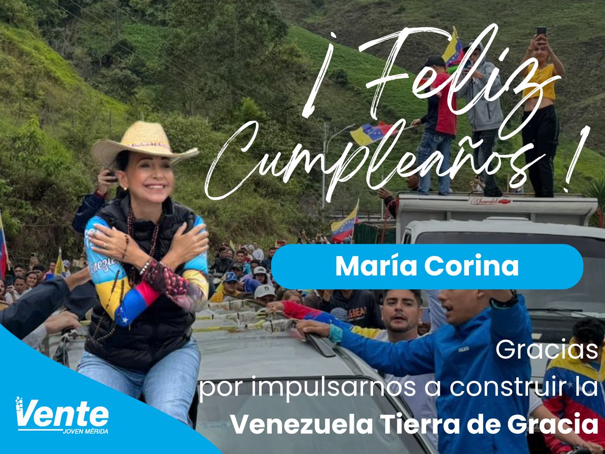 VenteJovenMda's tweet photo. ¡Feliz cumpleaños, @MariaCorinaYA 
Desde las montañas de Mérida,  la juventud celebra tu vida y liderazgo incansable. Desde cada aula y municipio, seguimos firmes #HastaElFinal trabajando por una Venezuela Tierra de Gracia.
¡El futuro se construye con coraje y organización! 🇻🇪✨ https://t.co/ynUABI70h8