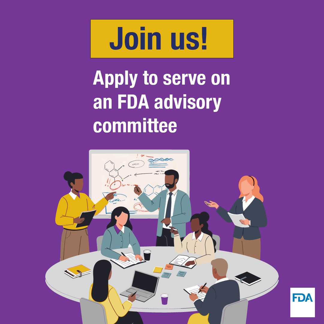 FDA's tweet photo. Join us! We’re conducting a nationwide search to find scientific experts and consumer voices to fill vacancies on our advisory committees. Want to help us make informed decisions about public health? Apply today! https://t.co/erzPjQPWw9 https://t.co/PyiFih8SVS