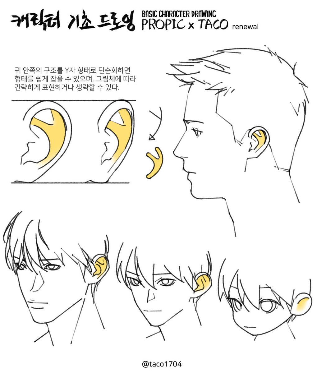 taco1704's tweet photo. Drawing Ears with a Simple Y Shape
귀 안쪽의 구조를 Y자 형태로 단순화하면 형태를 쉽게 잡을 수 있으며, 그림체에 따라 간략하게 표현하거나 생략할 수 있다. https://t.co/iU9JMFDVW1