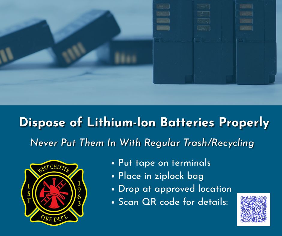 westchestertwp's tweet photo. Lithium-Ion batteries are great for powering our devices, but it is important to treat them with care. If they are punctured or stored at a high temperature, they can be dangerous. Be sure to dispose of them responsibly. https://t.co/BUmgU62Emx