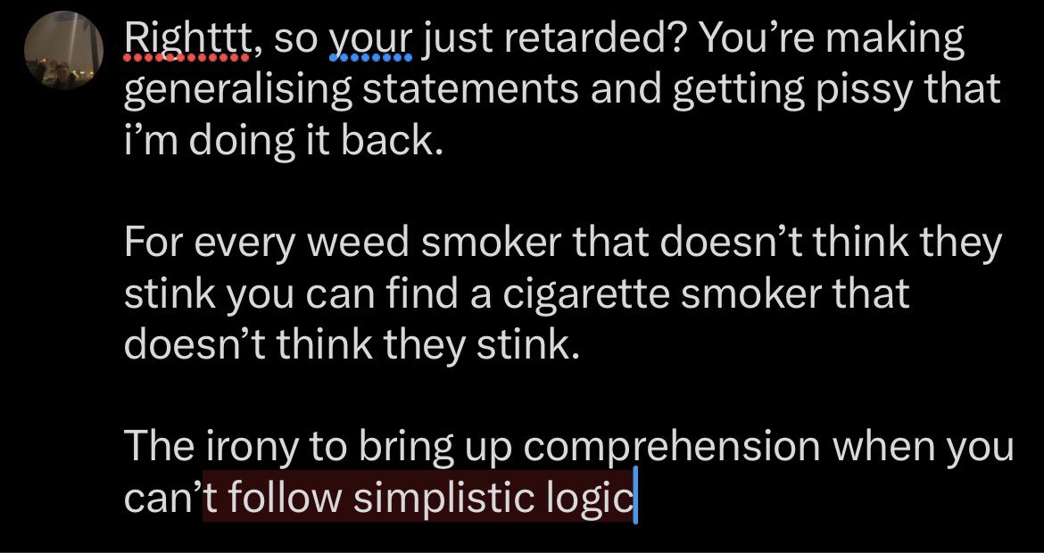 CiaranBee23's tweet photo. @CplJager2 @ReactionBlocked @onthoutside @Dewlappped @brass_monk3y It’s really embarrassing that you guys don’t smoke weed and you’re still as retarded as all of them 😭 https://t.co/QYujE6ljR5
