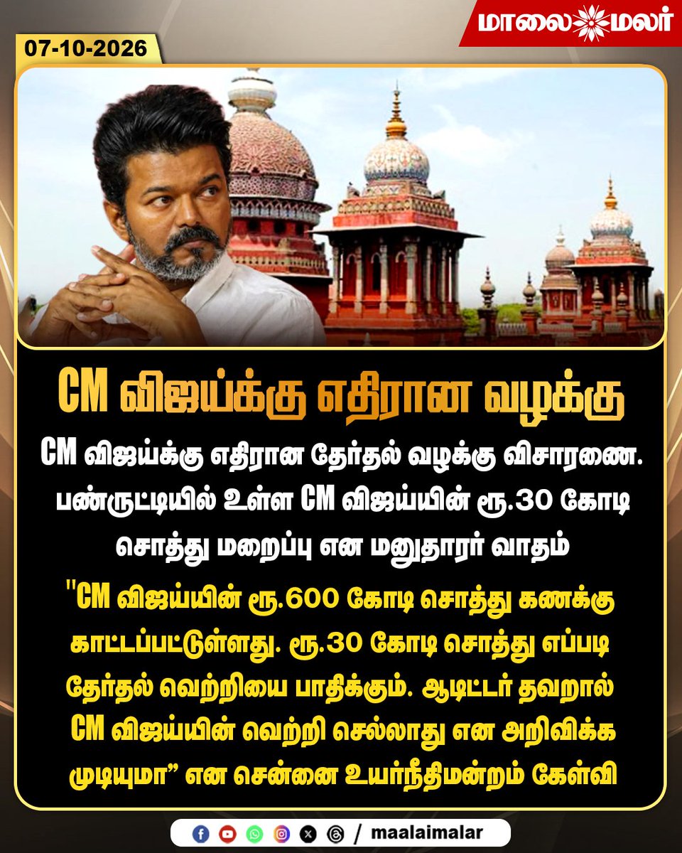 maalaimalar's tweet photo. CM விஜய்க்கு எதிரான வழக்கு

#CMVijay #Electionpetition #Highcourt #Panruti #Maalaimalar https://t.co/8t6OhoFxzY