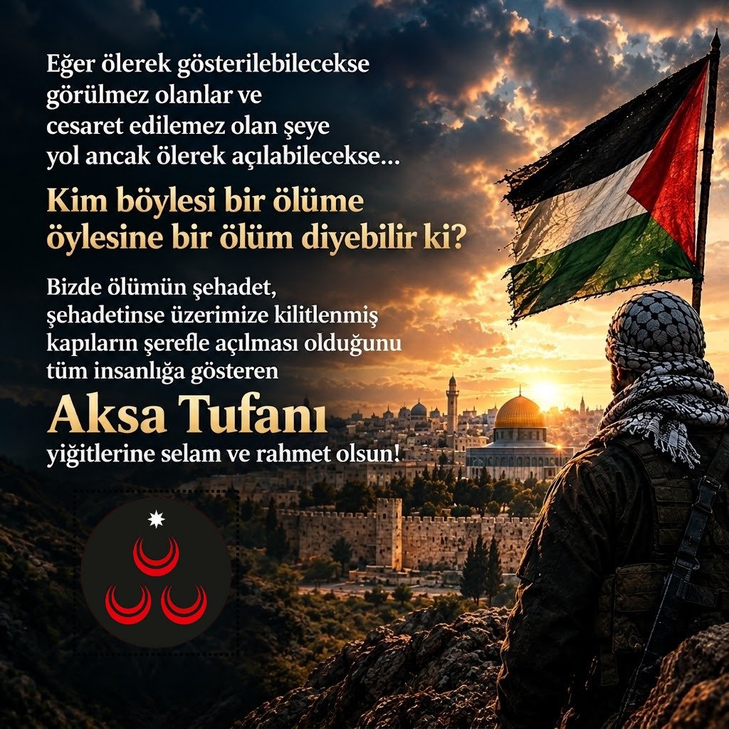 SeriyyeVakfi's tweet photo. Eğer ölerek gösterilebilecekse görülmez olanlar ve
cesaret edilemez olan şeye yol ancak ölerek açılabilecekse...

Kim böylesi bir ölüme öylesine bir ölüm diyebilir ki?

Bizde ölümün şehadet, şehadetinse üzerimize kilitlenmiş kapıların şerefle açılması olduğunu tüm insanlığa gösteren Aksa Tufanı yiğitlerine selam ve rahmet olsun!

#AksaTufanı #Gazze