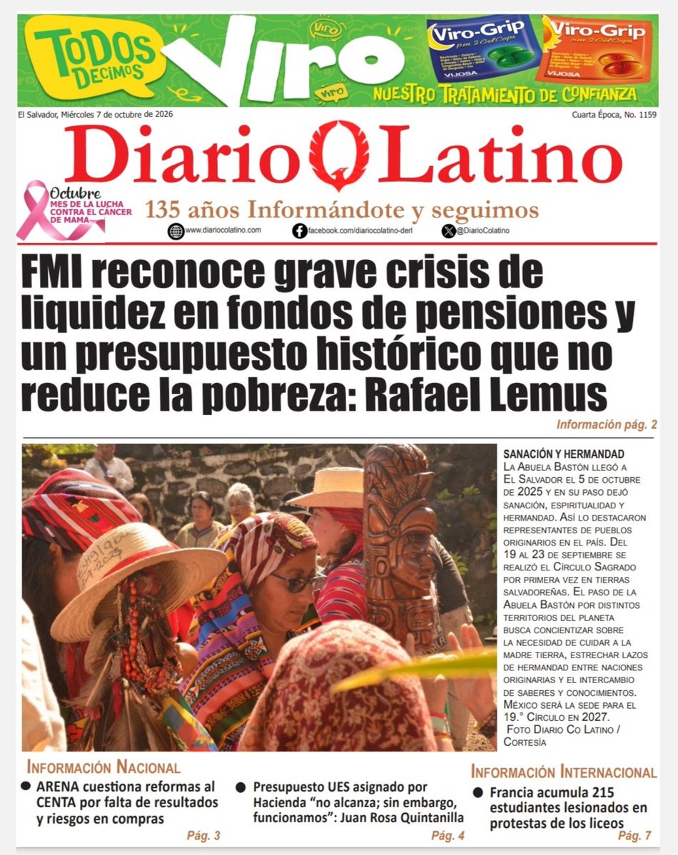 DiarioCoLatino's tweet photo. #DiarioCoLatino |  FMI reconoce grave crisis de liquidez en fondos de pensiones: Rafael Lemus 

¡Buenos días! compartimos nuestra portada de hoy, 07 de octubre de 2026. 

Visita nuestra versión epaper o nuestra página web: https://t.co/xVzYVH8vtj https://t.co/HSSVCMaDeb