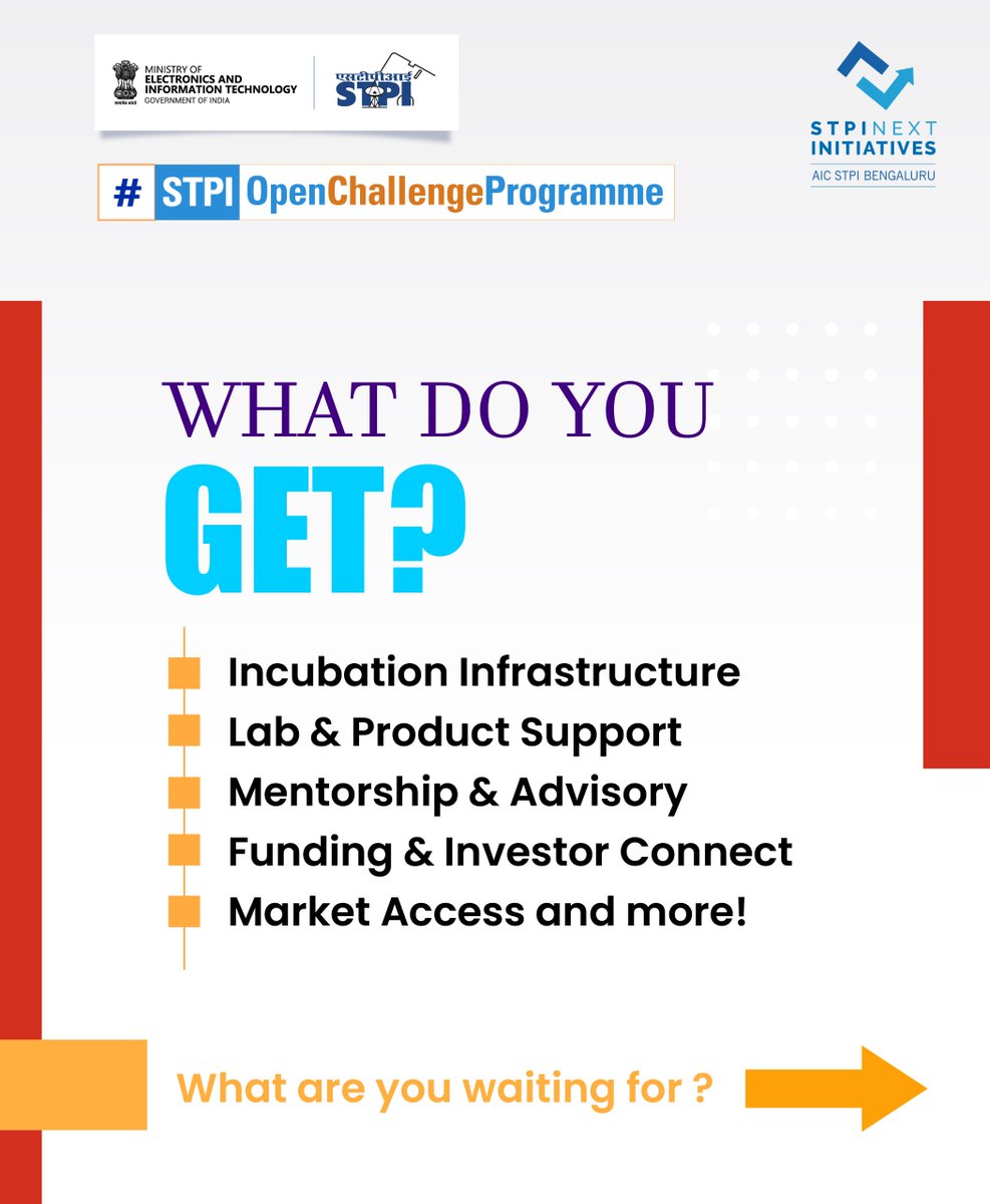 stpiindia's tweet photo. 🚀 Startups, got an idea worth building?

Here’s your opportunity to take it from idea to impact with Open Challenge Program (OCP) 8.0 by AIC STPI Bengaluru.

Through OCP 8.0, startups can access a comprehensive ecosystem of support, including:

🔹 Incubation Infrastructure
🔹 Lab & Product Development Support
🔹 Mentorship & Advisory
🔹 Funding & Investor Connect
🔹 Industry & Corporate Connect
🔹 Market Access
🔹 Capacity Building
🔹 IPR & Legal Support

Build, innovate and scale with the right ecosystem around you.

🗓️ Last date to apply: 21st October 2026

🔗 For more info, visit: https://t.co/9Pq5NrQ3rJ

#STPI #AICSTPIBengaluru #OCP80 #OpenChallengeProgramme #Startups #Innovation #Entrepreneurship #StartupIndia #TechStartups

@GoI_MeitY @AshwiniVaishnaw @JitinPrasada @SecretaryMEITY @arvindtw @_DigitalIndia @NeGD_GoI @startupindia @stpinext @AIC_STPI_Blr @stpisayuj