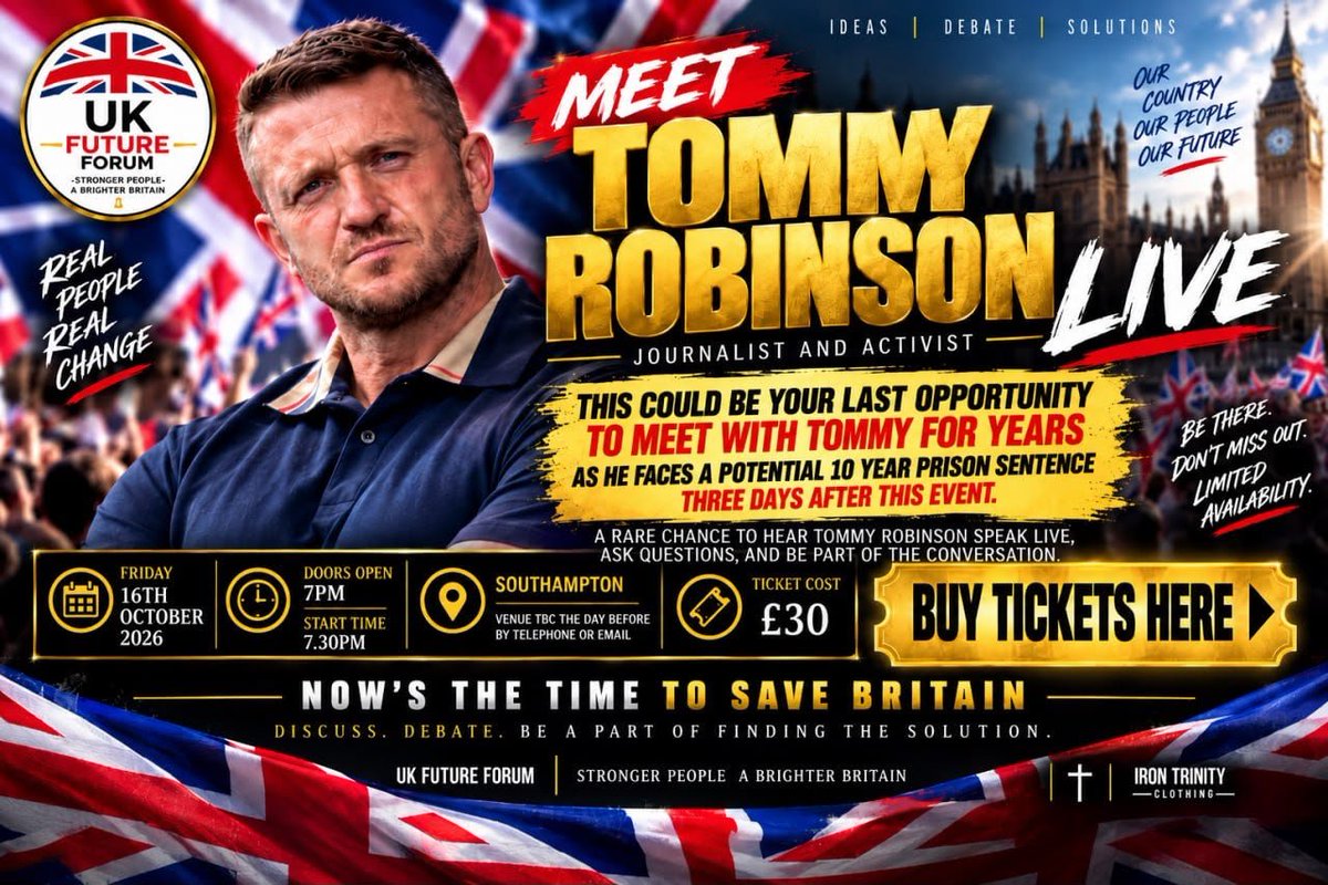 TRobinsonNewEra's tweet photo. Possible farewell?

This could be my last event, 3 days later I'm facing a possible long jail sentence.

Come join me and like minded patriots for an evening of fun, laughs, Q&amp;A...

📍 Southampton, Hampshire
🎟️ Tickets £30

BUY TICKETS ONLINE HERE:

https://t.co/NBBUjdasET https://t.co/EAaisiEjyv