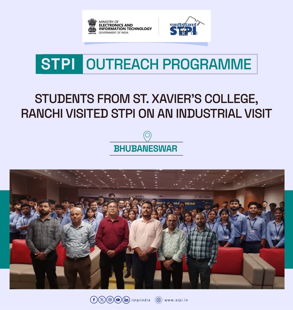 stpiindia's tweet photo. ✨ STPI Outreach Programme at Bhubaneswar 

STPI-Bhubaneswar organised an industrial visit for students from St. Xavier’s College, Ranchi, providing them with valuable insights into STPI’s initiatives and services fostering India’s technology ecosystem.

#STPI #STPIBhubaneswar #IndustrialVisit #CyberSecurity #EmergingTechnologies #Startups #Innovation #DigitalIndia #Ranchi

@GoI_MeitY @AshwiniVaishnaw @JitinPrasada @SecretaryMEITY @arvindtw @_DigitalIndia @NeGD_GoI @stpinext  @nss_sxcranc