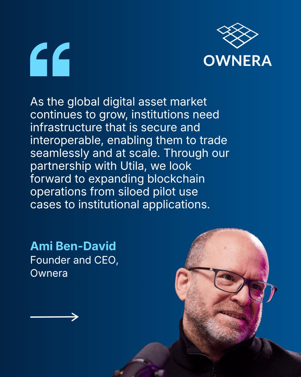 OwneraIO's tweet photo. Ownera and Utila are partnering to expand the institutional digital asset ecosystem by creating pathways for broader adoption of tokenized finance solutions.
 
As demand for tokenized assets and blockchain-enabled financial services continues to grow, we’re partnering with @utila_io to simplify access to the digital asset capabilities financial institutions and enterprise clients need to navigate the evolving finance landscape.
 
By combining Ownera's FinP2P orchestration network with Utila’s secure institutional digital asset operations platform, institutions will be able to access a broader range of services spanning custody operations, wallet infrastructure, tokenized asset interoperability and institutional blockchain applications. 
 
Swipe to read more from Ownera’s @amibendavid and Utila’s Bentzi Rabi