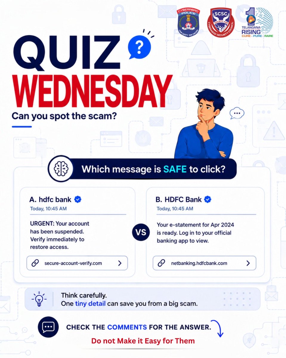 SCSC_Cyberabad's tweet photo. π§ Quiz Wednesday: Can You Spot the Scam? π¨
Look closelyβone tiny detail can save you from a big scam. Check the comments for the answer! π
#QuizWednesday #SpotTheScam #CyberSafety #SCSC #CyberabadPolice https://t.co/4GXCwzHDKJ