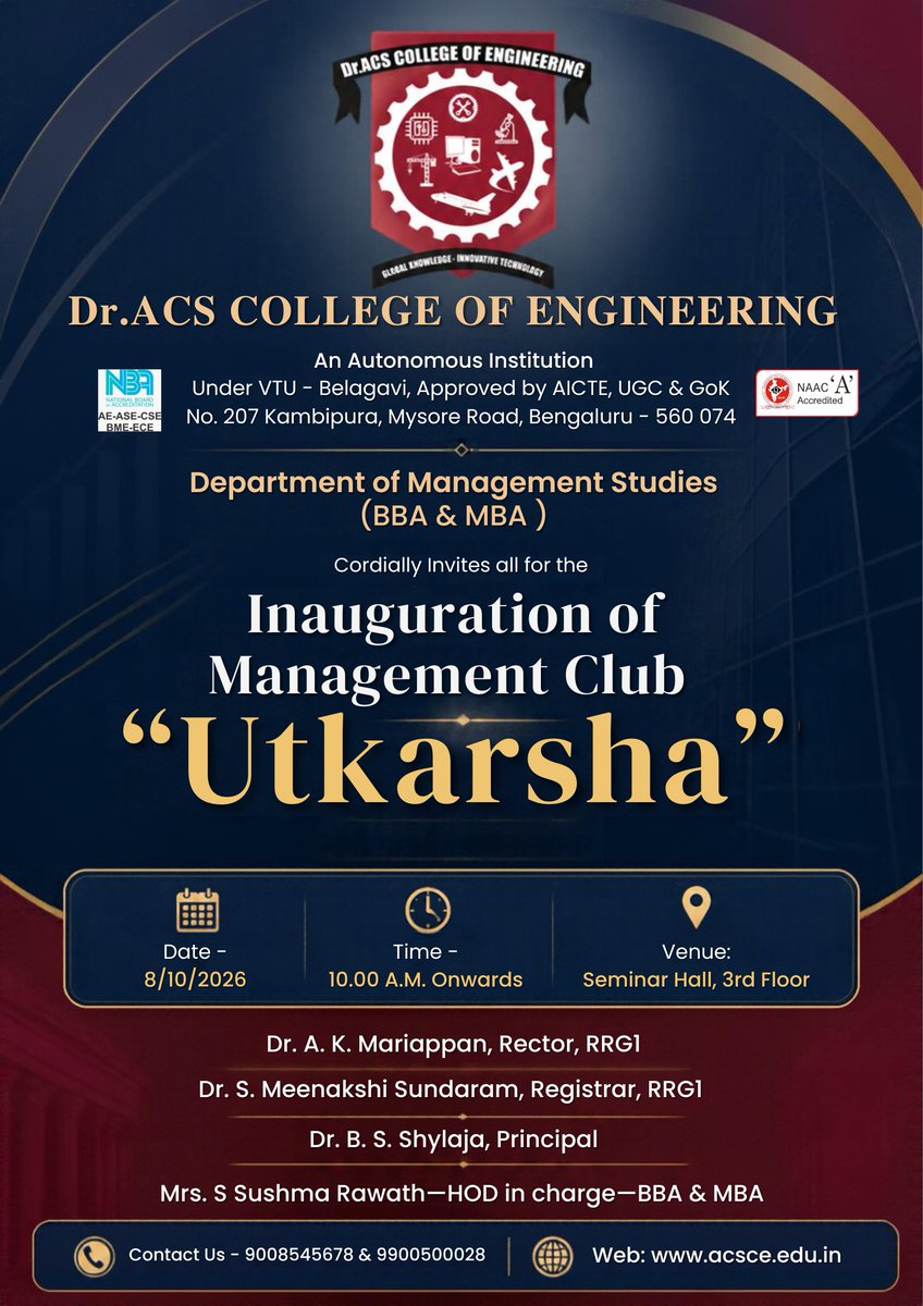 acscebangalore's tweet photo. 📊✨ #MANAGEMENT_CLUB | #UTKARSHA 🚀 Join #DrACSCE’s #BBA & #MBA Department for the Utkarsha Club inauguration! 📅 8 Oct 2026 | ⏰ 10 AM onwards | 📍 Seminar Hall, 3rd Floor. Inspiring Leadership. Empowering Excellence! 🌟 #Leadership #Innovation https://t.co/PrmaHKcmqP