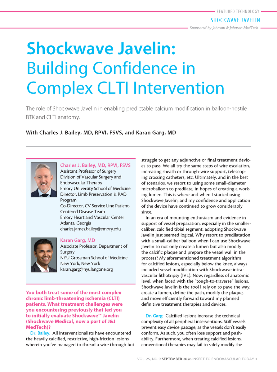 JJMT_CircRest's tweet photo. In this new @EVToday article, Drs. Charles Bailey and Karan Garg share how #ShockwaveJavelin helps address heavily calcified BTK anatomy through simultaneous lesion crossing and calcium modification and discuss where it fits into their treatment approach for complex CLTI interventions.

Read the Q&A and case insights: https://t.co/VYCdGHPsGG

Drs. Charley J. Bailey and Karan Garg are paid consultants of Johnson & Johnson. US Rx only. Safety Info: https://t.co/as4irbY3DX Product availability may vary by country.