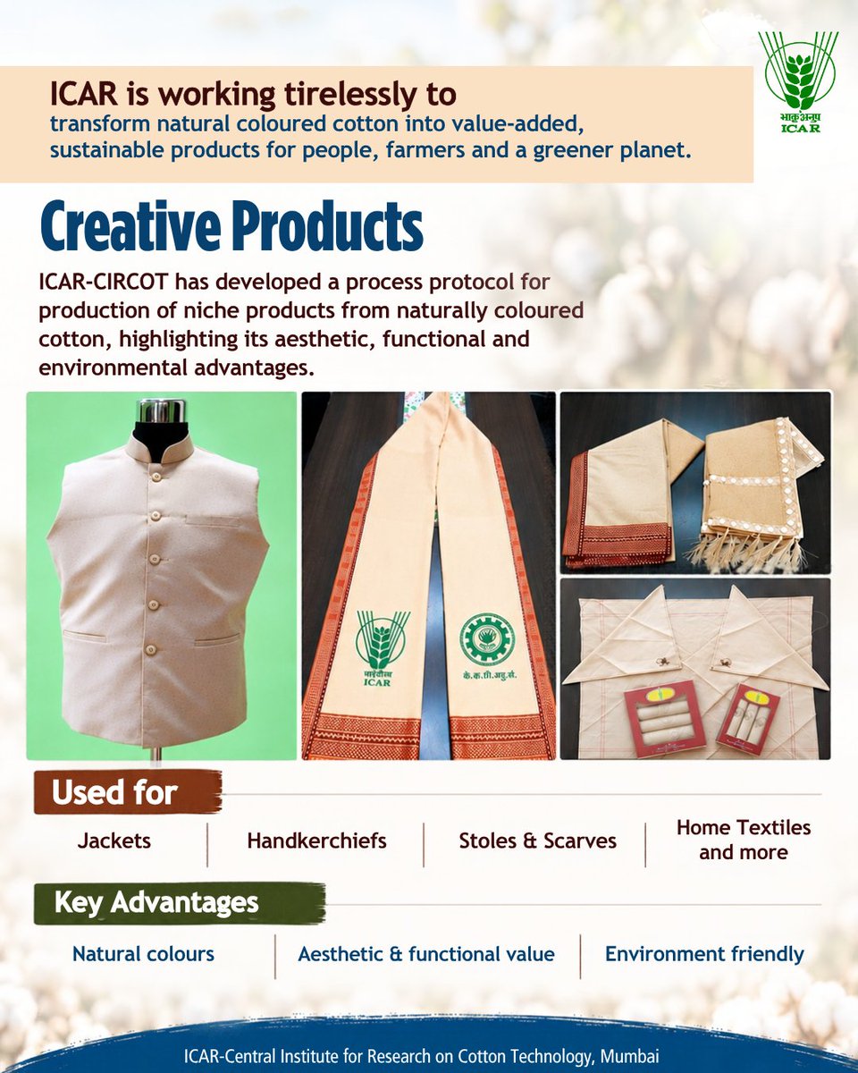 icarindia's tweet photo. On World Cotton Day, ICAR is working tirelessly to transform naturally coloured cotton into value-added, sustainable products—creating opportunities for farmers and a greener future. @ChouhanShivraj  @mpbhagirathbjp @RNK_Thakur @AgriGoI @mygovindia @PIB_India https://t.co/fFnGCSIQ44