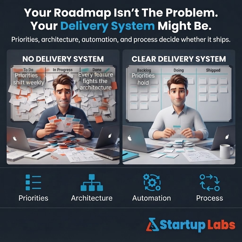 StartupLabsLtd's tweet photo. A good roadmap can still turn into a backlog that barely moves.
The roadmap says where to go. The delivery system helps get it shipped.
#FractionalCTO #SaaS #SoftwareDelivery #StartupFounder #MVP #SoftwareDevelopment https://t.co/TrC80fVZHm