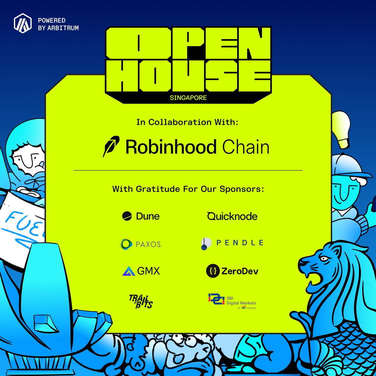 arbitrum's tweet photo. We’re bringing together some incredible teams across the Arbitrum ecosystem to support founders building at Founder House Singapore.

> @Dune
> @Paxos
> @ZeroDev
> @GMX_IO
> @trailofbits
> @pendle_fi
> @Quicknode
> @RobinhoodCrypto
> SBI Digital Markets

Innovating across tokenization, AI and programmable finance?

Join us and Robinhood Chain in Singapore from October 23rd-25th.

Register here:

https://t.co/CiPUAk7Z16