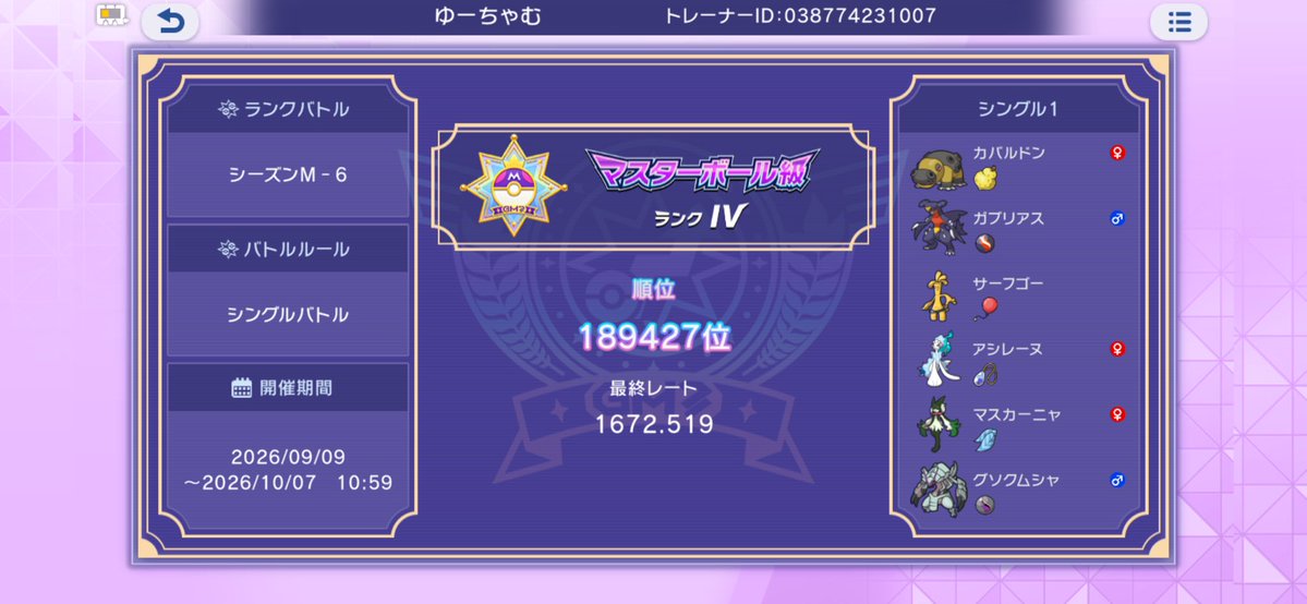 yu_ucham's tweet photo. シーズンM-6は、仕事と伝ポケ集めで多忙だったのでマスターいって終わりにしました〜

来シーズンものんびりやらせてもらいます〜♪

#ポケモンチャンピオンズ
#ポケチャン https://t.co/9sBNW7BH9S