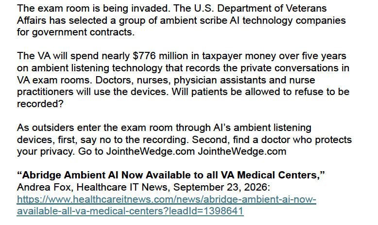 CCHFreedom's tweet photo. AI LISTENING DEVICES ENTER THE VA

The Health Freedom Minute is presented daily by Twila Brase — President and Co-founder of Citizens’ Council for Health Freedom — and heard in 48 states Mon-Fri on more than 870 radio stations nationwide. 

Listen to today's Health Freedom Minute here: https://t.co/jkkIRmWWnz