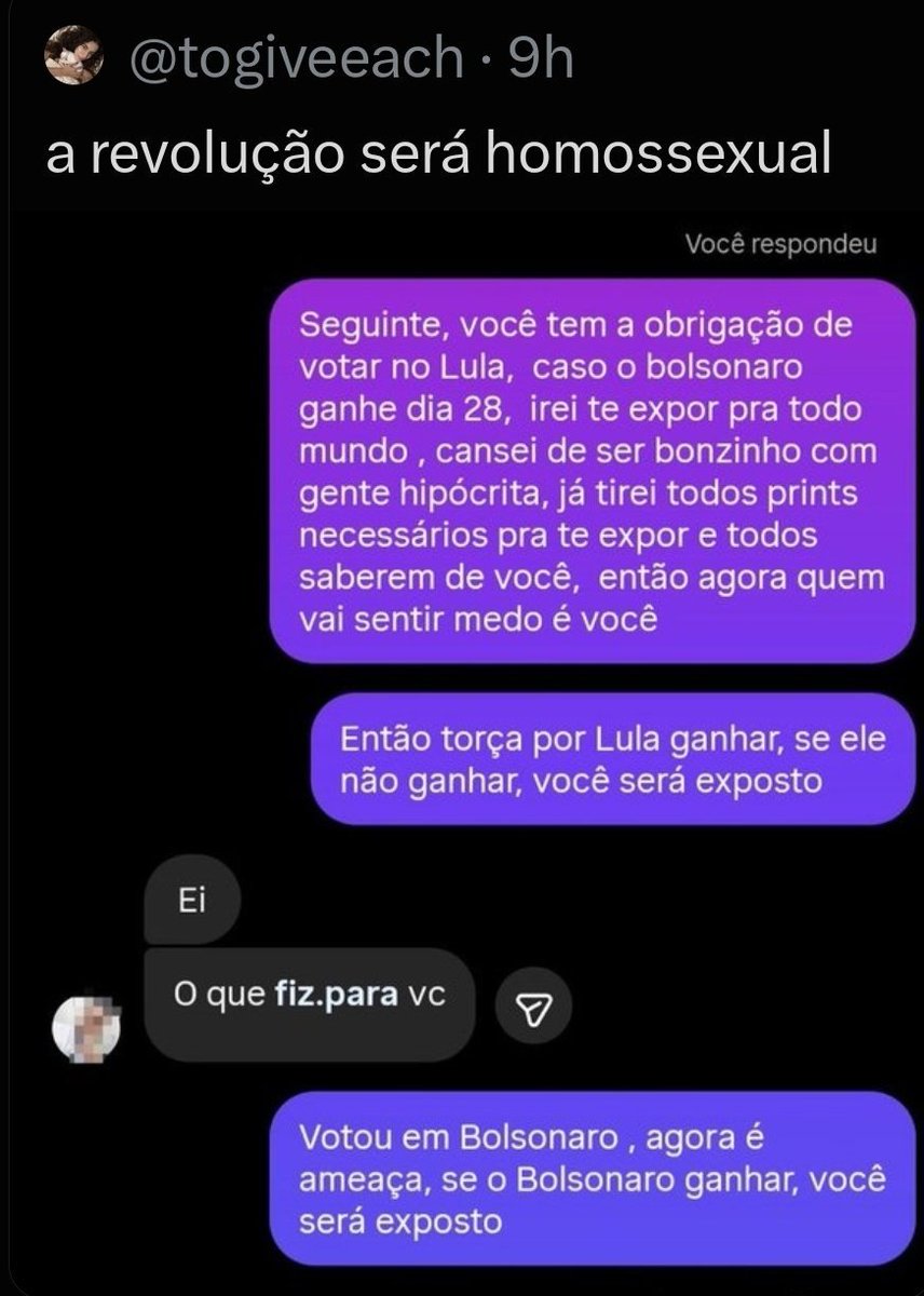 tucarj54's tweet photo. O petista psicopata que viralizou coagindo e ameaçando vazar dados de homossexuais que votaram no Flávio caso o Lula perdesse apagou a conta.
A ameaça de exposição privada para forçar voto em Lula se encaixa em coação eleitoral (art. 301 do Código Eleitoral: reclusão até 4 anos e multa), por usar grave ameaça para coagir voto em candidato. Também cabe ameaça (art. 147 CP)
