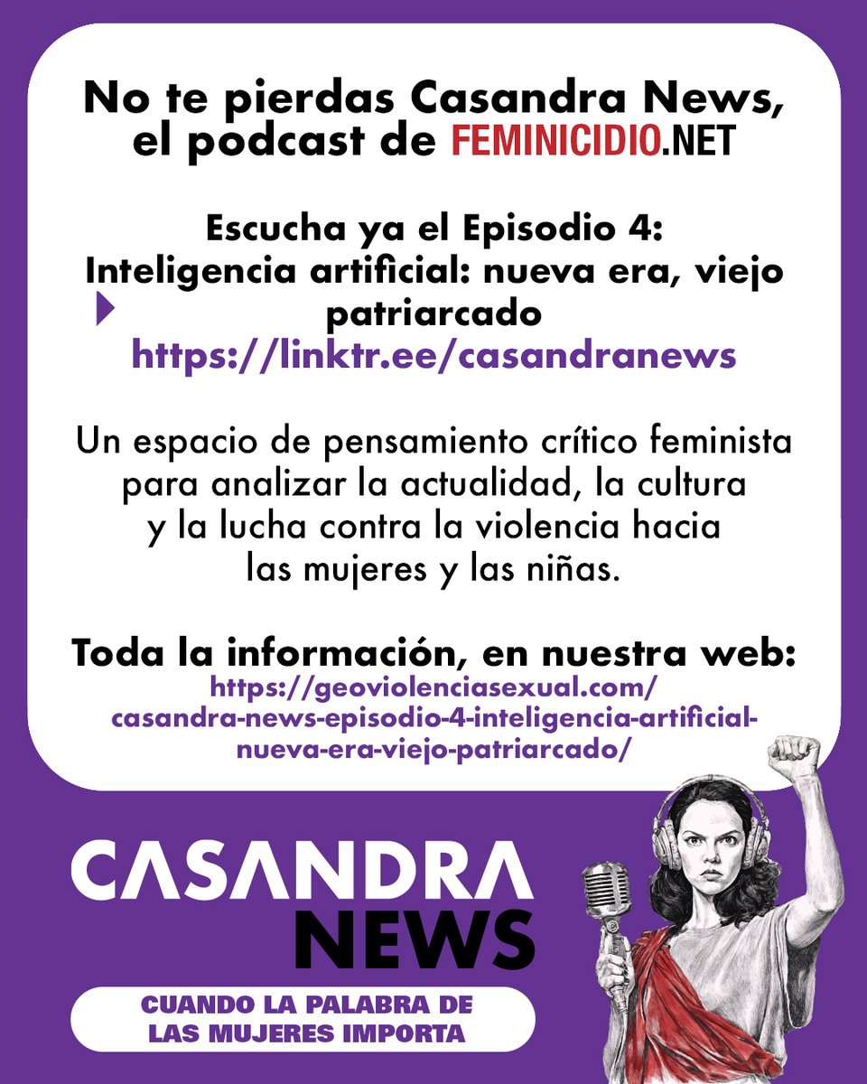 feminicidio's tweet photo. ➡️ Ante esta reacción, ¿qué podemos hacer? En @Casandra_News buscamos un enfoque propositivo.
➡️ @tinamonge: "La clave es hacer entender que en una sociedad feminista todos y todas vamos a vivir mejor porque es una sociedad más igualitaria”.
➡️ @TeresaMariaOL: “La igualdad no se alcanza únicamente incorporando a la mujer a los espacios previamente masculinos. Requiere transformar esos espacios".

🎙️Escucha ya el reportaje y muchos más contenidos en el Episodio 4 de @Casandra_News: https://t.co/fPF2LeUSdM
¿Fuentes, créditos, bibliografía? Lo tienes todo, aquí:
https://t.co/SRCCYtdCbs

#CasandraNews, cuando la palabra de las mujeres importa.