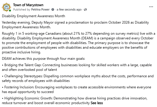 TownofMarystown's tweet photo. Disability Employment Awareness Month https://t.co/5QeUNAE0mU