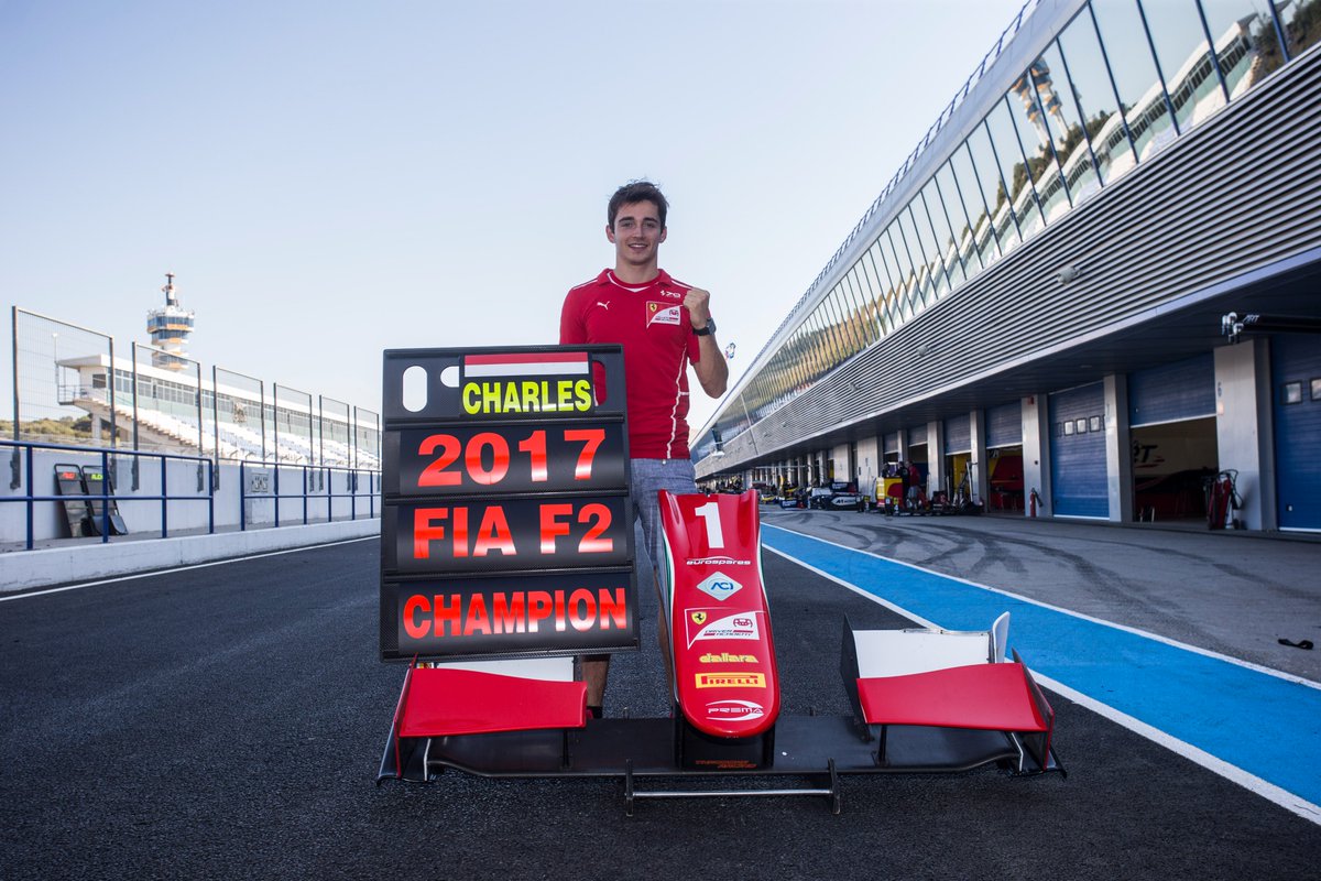 Formula2's tweet photo. On this day in 2017… 📆

@Charles_Leclerc became the first F2 champion after claiming victory in the Jerez Feature Race 🏆

#F2 #RoadToF1 https://t.co/MsP5qJzLMw