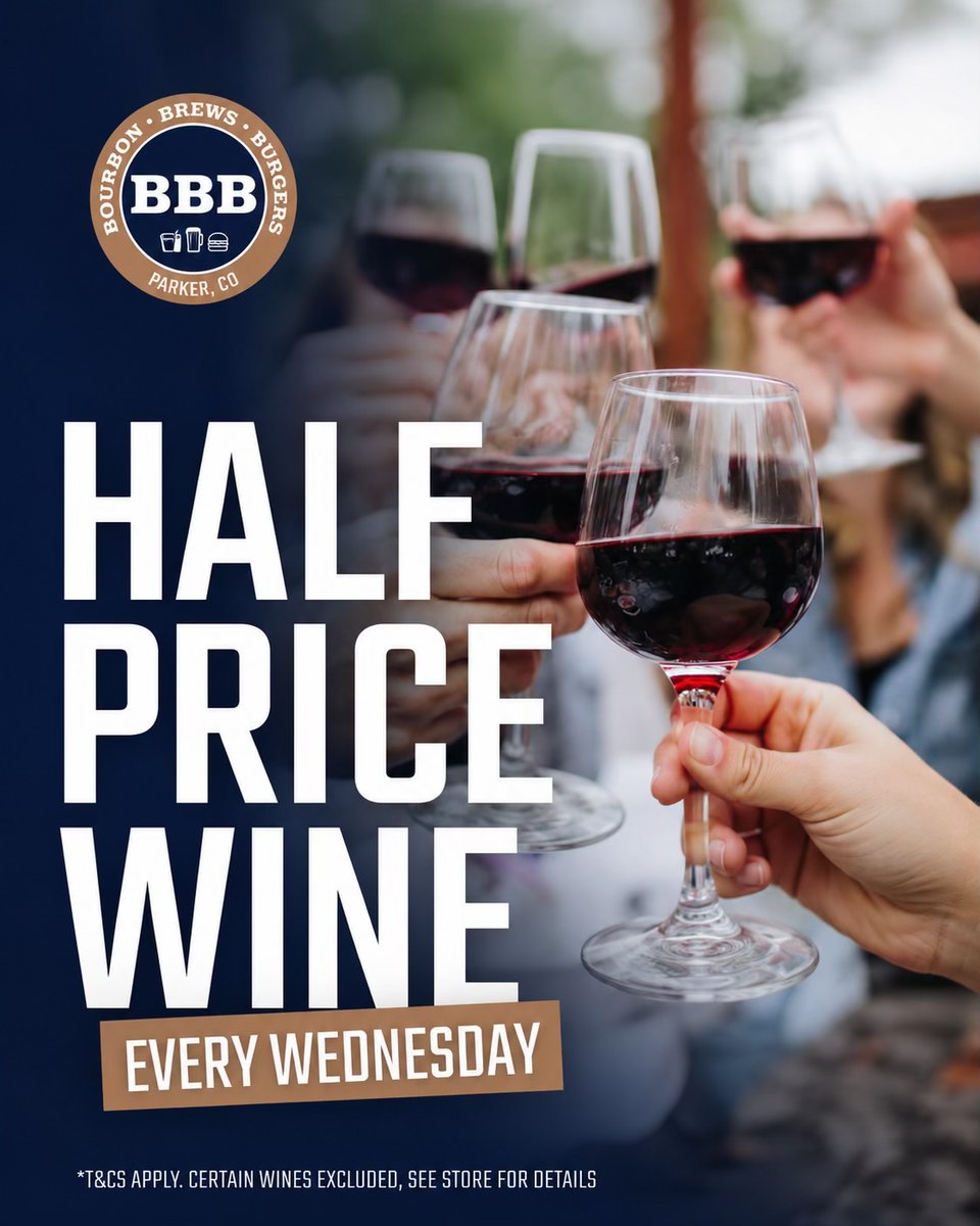 BBBofParker's tweet photo. Your midweek coping mechanism just happens to be half price. ๐ท๐
#TreatYourself #WineDownWednesday #Selfcare https://t.co/Q1TpgoRQ27