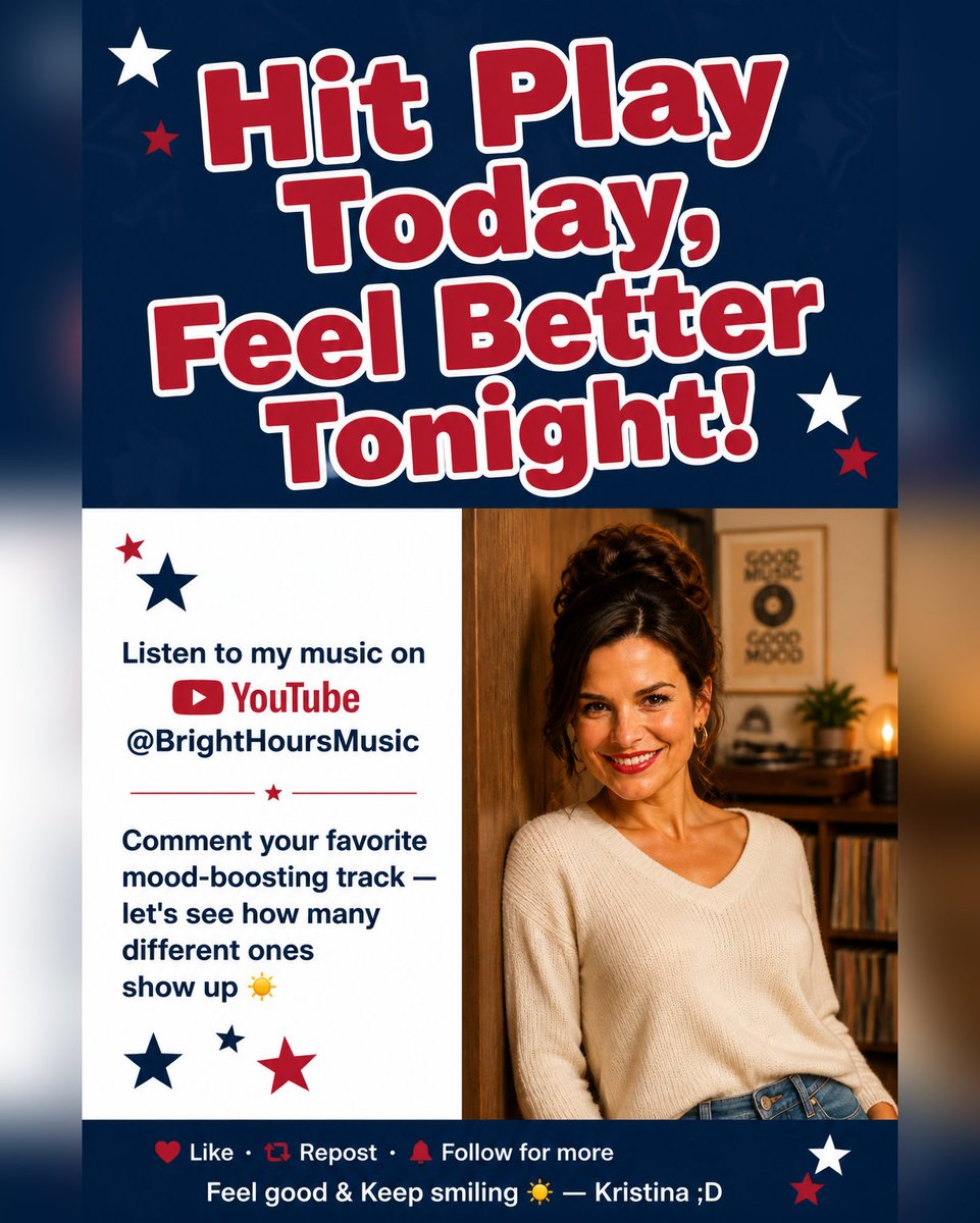 Bright_Hours's tweet photo. Hit Play Today, Feel Better Tonight!

Listen to my music on YouTube - link in bio

Feel good &amp; Keep smiling ☀️ — Kristina ;D

Made with AI https://t.co/1TomPFoBv1