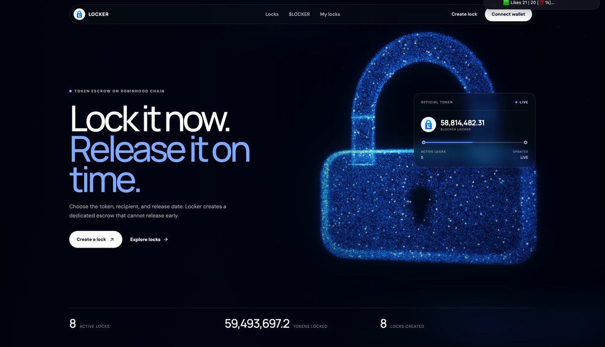 rhlocker's tweet photo. Token locking shouldn’t be based on trust alone

A project can say liquidity is locked, tokens are vested, or funds are unavailable, but the real question is:

Can anyone verify it onchain?

That’s where we come in

Building token-locking infrastructure on @RobinhoodApp where every lock is designed to be transparent, verifiable, and tied to clear unlock conditions.

Each deposit gets its own escrow contract.

No private keys controlling the funds.
No hidden schedules.
No vague promises.
The token and beneficiary are permanently defined, and funds can only leave through the Locker factory once the unlock conditions are met.
That creates something bigger than a simple lock page.

The goal is simple:

Make token commitments enforceable, transparent and easy for anyone to verify