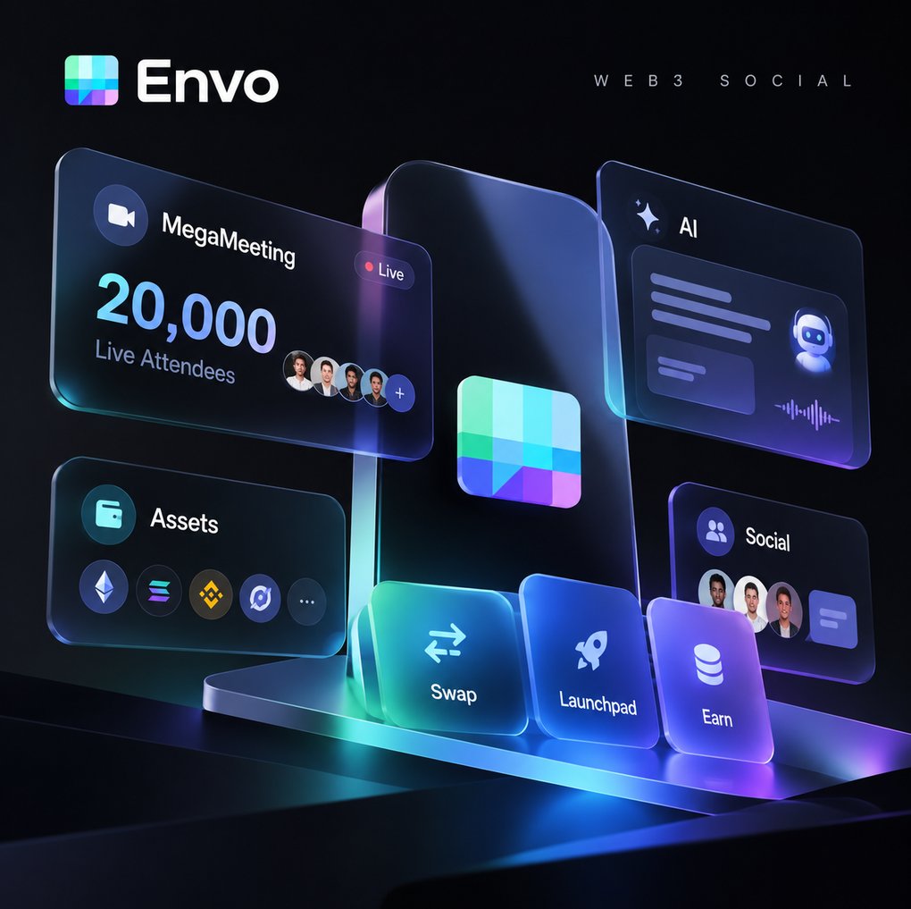 Btcniumowang's tweet photo. 刚刷到 Envo @Envo_Official 的更新，说他们那个 MegaMeeting 单场已经能干到 2 万人，实时互动、AI 记录都安排上了。

之前搞 AMA 不是挤 Twitter Space 就是蹲 Discord 语音，动不动就卡成电音。

顺手看了下他们还做了啥：
ENVX 上了 Flash Swap、Launchpad、Earn，就是能 swap、能打新、能赚点币，慢慢往多链走。
另外 Envo AI 也在塞进平台里，能帮忙写东西、做翻译、整理信息。

我比较意外的是他们把社交、会议、资产、AI 全塞一个 App 里了。

单独看哪个功能都不算炸裂，但放在一起就
——不用来回切钱包、切软件、切语音房。

Envo Finance 那边也在弄新闻、市场数据、直播这些，方向非常清晰。

这个思路比纯炒概念的 Web3 Social 靠谱很多。

有在用的朋友吗？
聊聊体验咋样。
@c493967265 #Envo #Web3Social #SocialFi