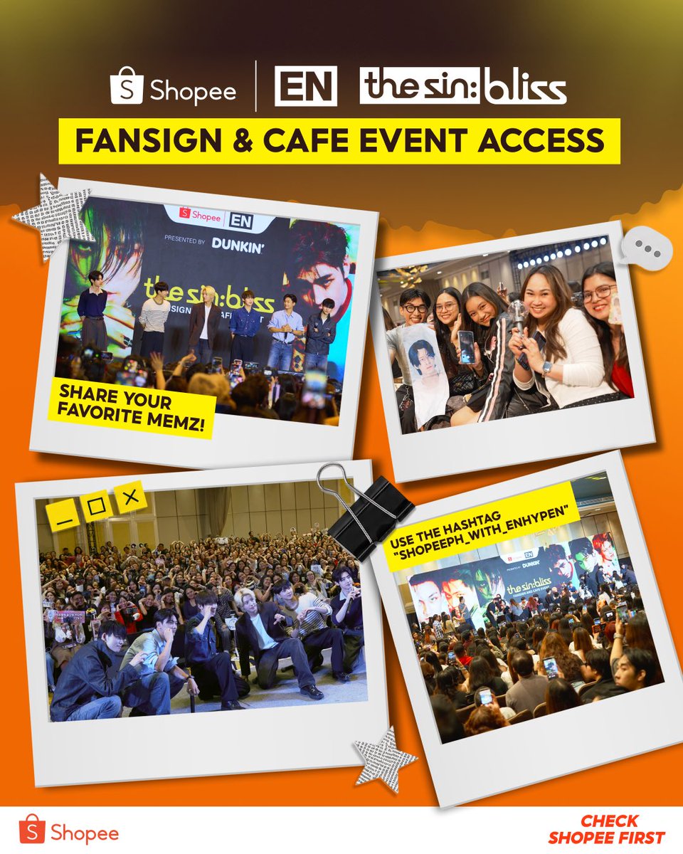 ShopeePH's tweet photo. Besties #ENGENEs, kumain na ba kayo? 🙈 Cos the HYPE is not yet over 😭

Drop your fave memories with #ENHYPEN from ‘THE SIN : BLISS’ Fansign & Café Event! 🥹

And if may message pa kayo for your favorites… 👀🫵 ILABAS NA.

Use #ShopeePH_with_ENHYPEN and let the boys know how much we love them! 🧡
