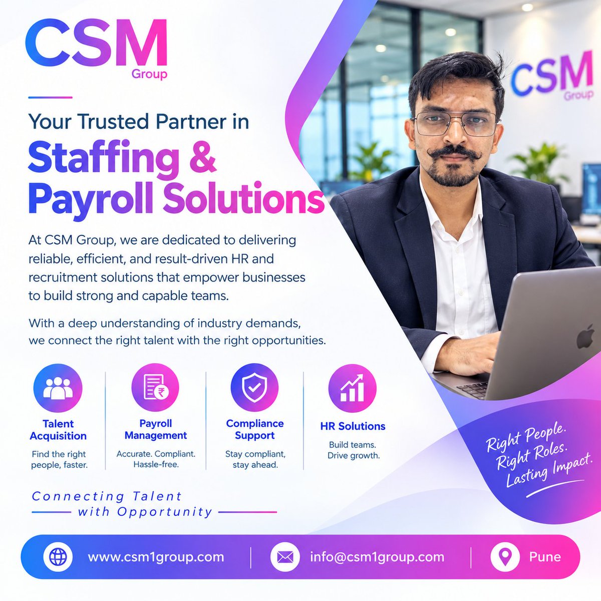 CsmGroup001's tweet photo. 🚀 Right People. Right Roles. Lasting Impact.

✅ Talent Acquisition
✅ Payroll Management
✅ Compliance Support
✅ HR &amp; Staffing Solutions
📍 Pune | 🌐 https://t.co/qLgE9essE2 | 📧 info@csm1group.com
#CSMGroup #Staffing #Payroll #Recruitment #HRSolutions #Hiring #Pune https://t.co/R1hxXS77jM