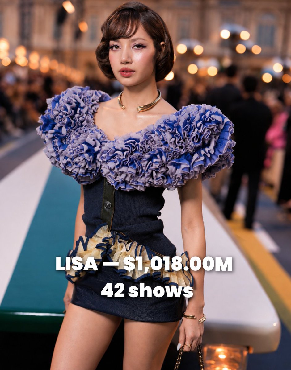LALISAONLY997's tweet photo. 📊 Top 5 Female K-Pop Idols by Earned Media Value (EMV):

1. #LISA — $1,018.00M | 42 shows
2. JISOO — $937.70M | 38 shows
3. JENNIE — $880.30M | 37 shows
4. ROSÉ — $811.50M | 35 shows
5. KARINA — $59.27M | 7 shows

*Data as of October 7, 2026. https://t.co/4rHaiwjYP5