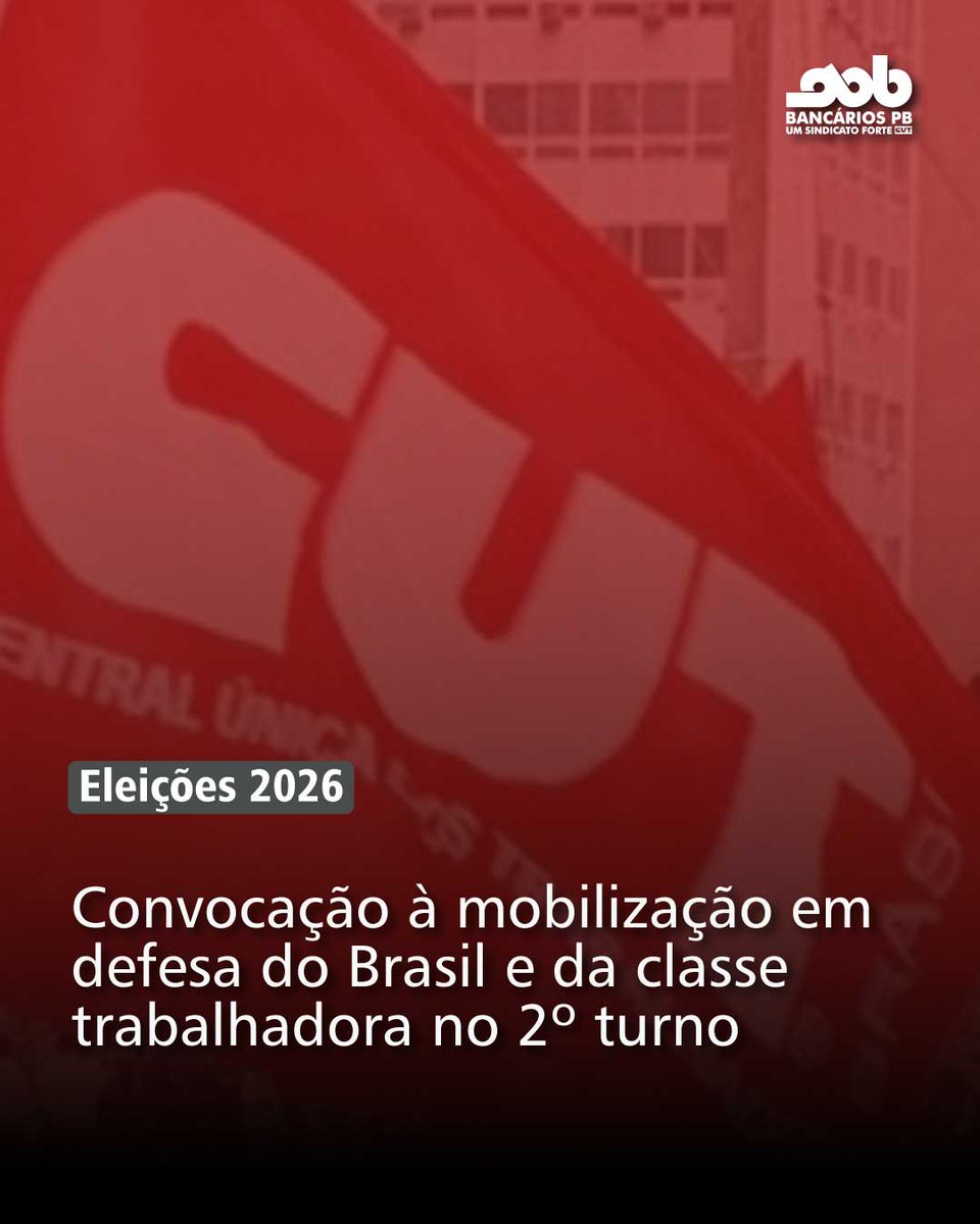 BancariosPb's tweet photo. [ELEIÇÕES 2026]

Diante de todo o cenário do 1º turno, os resultados eleitorais demonstram uma vitória eleitoral e a força da classe trabalhadora, mas a disputa ainda não acabou. É hora de retomar com energia total a mobilização por conquistas históricas da classe trabalhadora. https://t.co/g470qphO1V