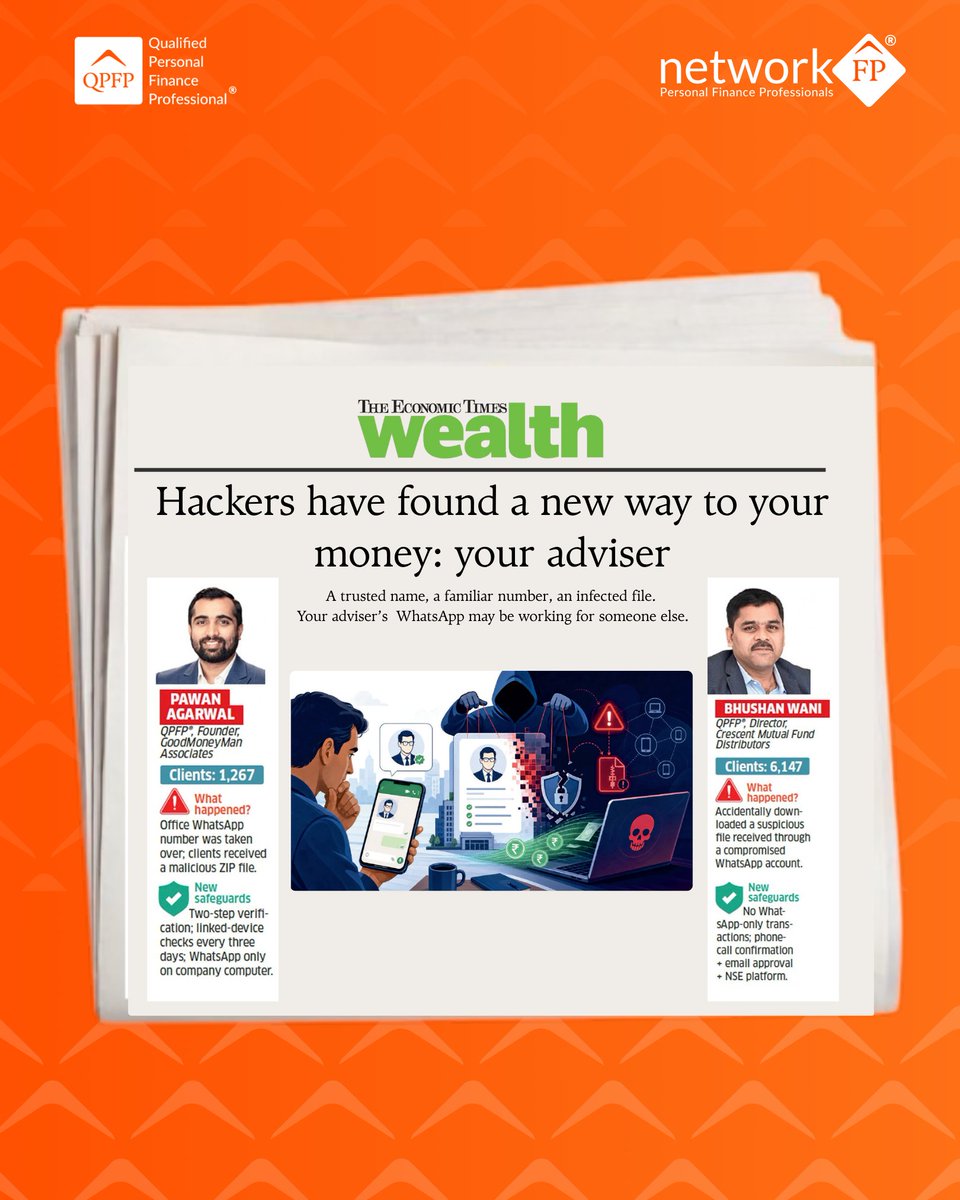 networkfp's tweet photo. QPFP®s in ET Wealth! 👏

Pawan Agarwal &amp; Bhushan Wani on fighting digital fraud with strong verification &amp; client safeguards.

Read: https://t.co/g42Wq5W8oR

#NetworkFP #QPFP #ClientProtection https://t.co/a3yqCnhNUm