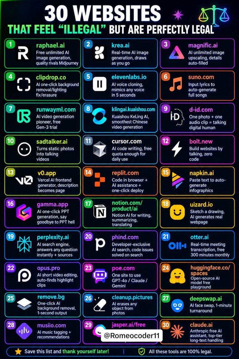 Romeocoder11's tweet photo. 30 Websites That Feel "Illegal" But Are Perfectly Legal

1. https://t.co/gLxnNlnWFl — Free unlimited AI image generation, quality rivals Midjourney

2. https://t.co/Y2LVjqyDnV — Real-time AI image generation, draws as you go

3. https://t.co/D7OLpzlZDv — AI unlimited image upscaling, details auto-filled

4. https://t.co/8ACgoRhgHy — AI one-click background removal/lighting fix/erasure

5. https://t.co/3In4u6fbrE — AI voice cloning, mimics any voice in 5 seconds

6. https://t.co/xt8e222uoO — Input lyrics to auto-generate full songs

7. https://t.co/NTUdwUh0QO — AI video generation pioneer, free Gen-3 trial

8. https://t.co/xUvPQ1WcQ7 — Kuaishou Keling AI, smoothest Chinese video generation

9. https://t.co/kanWOQhbDL — One photo + one audio clip = talking digital human

10. https://t.co/3rHgWEBkxS — Turns static photos into talking videos

11. https://t.co/OJwqTh2Hvf — AI code writing, free quota enough for daily use

12. https://t.co/9WLQB4wUgM — Build websites by talking, zero code

13. https://t.co/FNplcwZjZj — Vercel AI frontend generator, description becomes page

14. https://t.co/jMYhKG5cfG — Code in browser + AI assistance + one-click deploy

15. https://t.co/UEdUwzfTRP — Paste text to auto-generate infographics

16. https://t.co/Y3ENndwtzN — AI one-click PPT generation, say goodbye to PPT hell

17. https://t.co/NW6PoW2uAp — Notion AI for writing, summarizing, translating

18. https://t.co/moN4zWgUzQ — Sketch a drawing, AI generates real webpage

19. https://t.co/HL34ZoPBtQ — AI search engine, answers any question instantly + sources

20. https://t.co/y6WddedNuz — Developer-exclusive AI search, code issues solved on search

21. https://t.co/dvoxwfb2ny — Real-time meeting transcription, free 300 minutes monthly

22. https://t.co/fiW83lbWdJ — AI short video editing, auto-finds highlight clips

23. https://t.co/7MW7iiszaK — One site to use GPT-4o / Claude / Gemini

24. https://t.co/WDiwUXPcxb — Open-source AI model free playground

25. https://t.co/7N1KCgGFas — One-click AI background removal, 1-second output

26. https://t.co/oZV5UxBrI9 — AI erases any object from photos

27. https://t.co/jav0GkPw8v — AI face swap, 1-minute turnaround

28. https://t.co/aaZA4aLHqD — AI music tagging + recommendations

29. https://t.co/iWaiHZOfjW — AI writing assistant, free version enough for daily use

30. https://t.co/gBgh61zoF1 — Anthropic free AI assistant, top-tier long-text handling

Follow @Romeocoder11 for more information